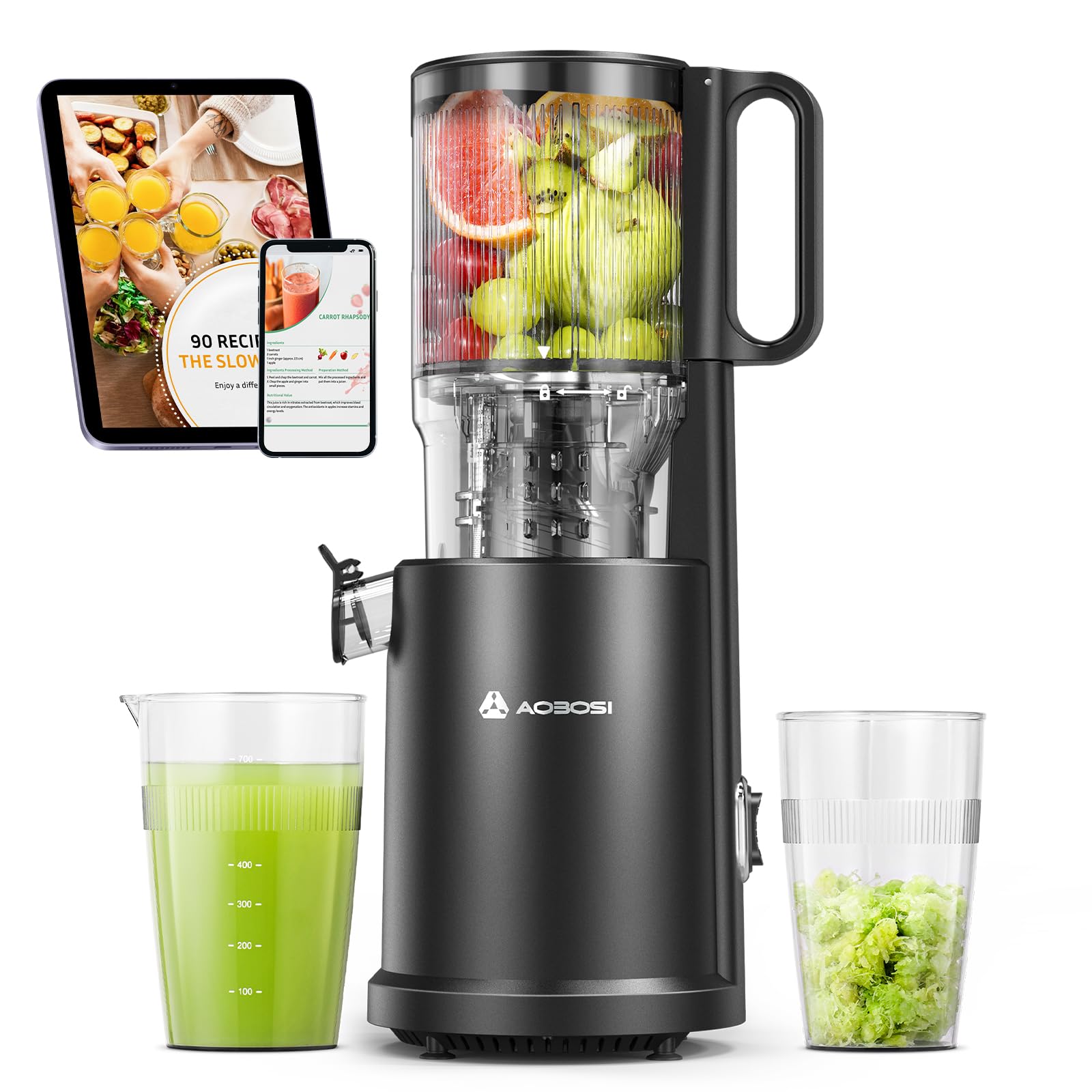 AOBOSI Extracteur de Jus à Froid 200W, Grande Ouverture 135 mm, Centrifugeuse Silencieuse avec Vis Sans Fin 8 Étages, Triple Filtration