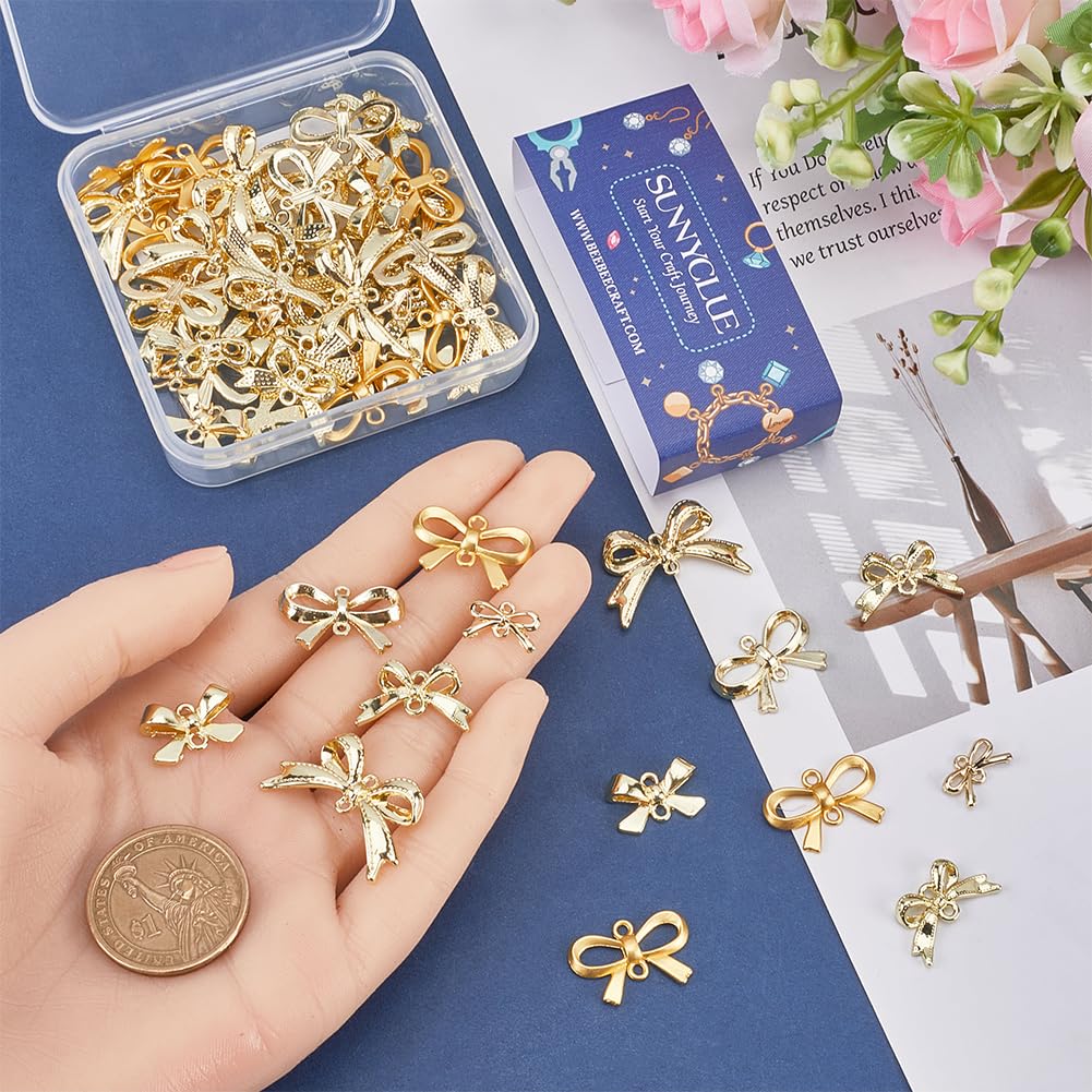 SUNNYCLUE 1 Box 60Pcs Gold Bow Connector Charm Bowknot Charms Metal Alloy Small Cute Hollow Double Loops Links Bows Charm Bulk for jewellery Making Charms Earrings Necklace Bracelets Diy Crafts Suppli - Image 3