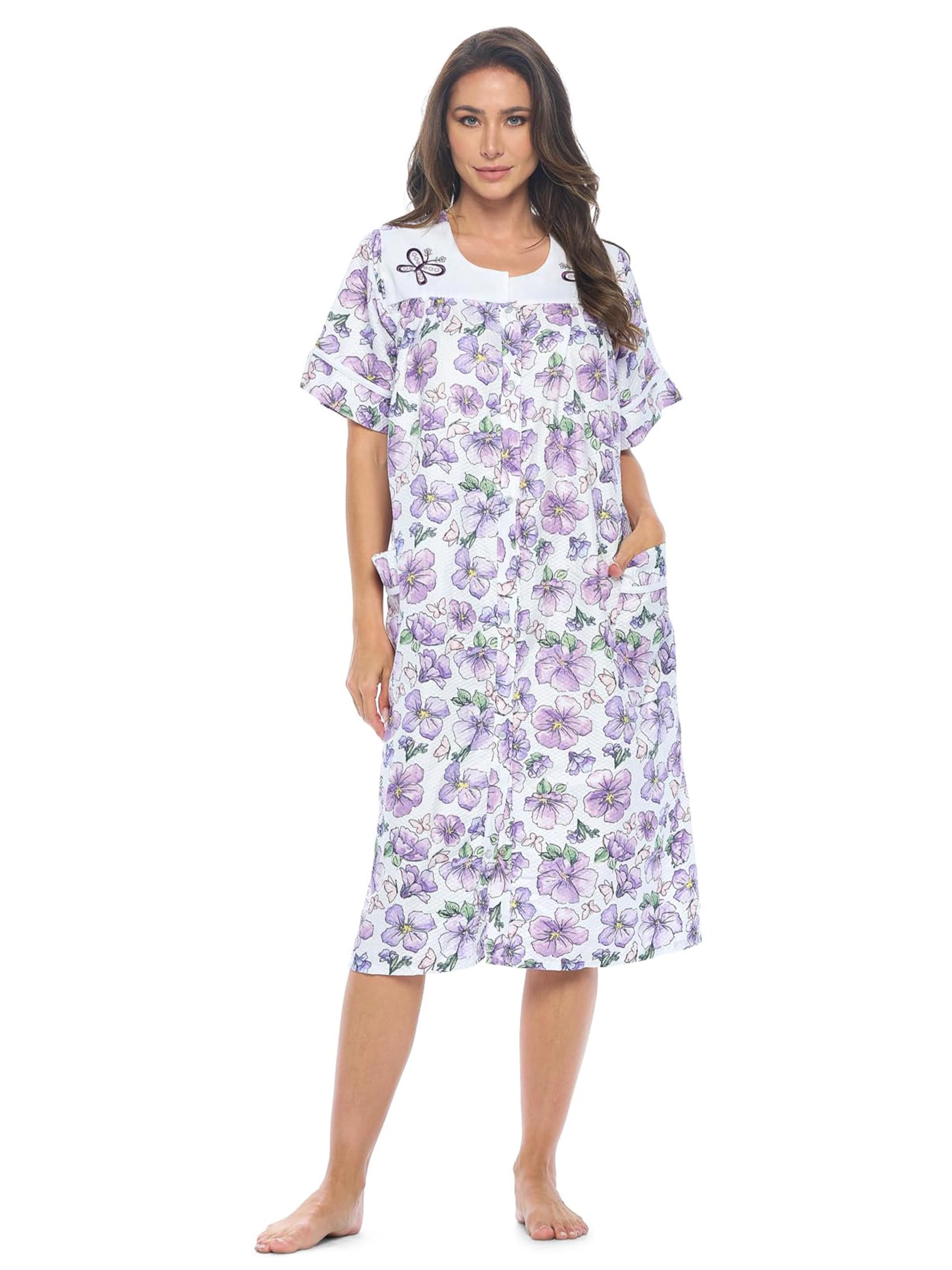 Casual Nights Women's Snap - Front House Dress Short Sleeve Woven Housecoat Duster Lounger Robe with Pockets