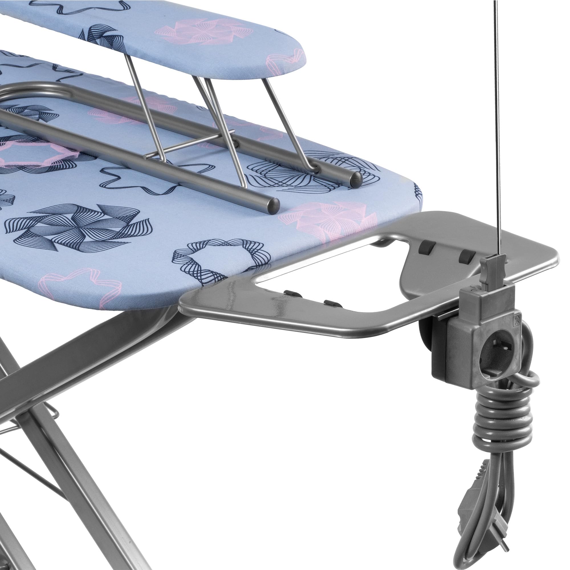 KADAX Table à Repasser avec Jeannette - Bleu 120x30 cm - Repassage Vapeur avec Support de câble et rallonge intégrée - Anti-Pliage accidentel Pieds antidérapants et étagère vêtement