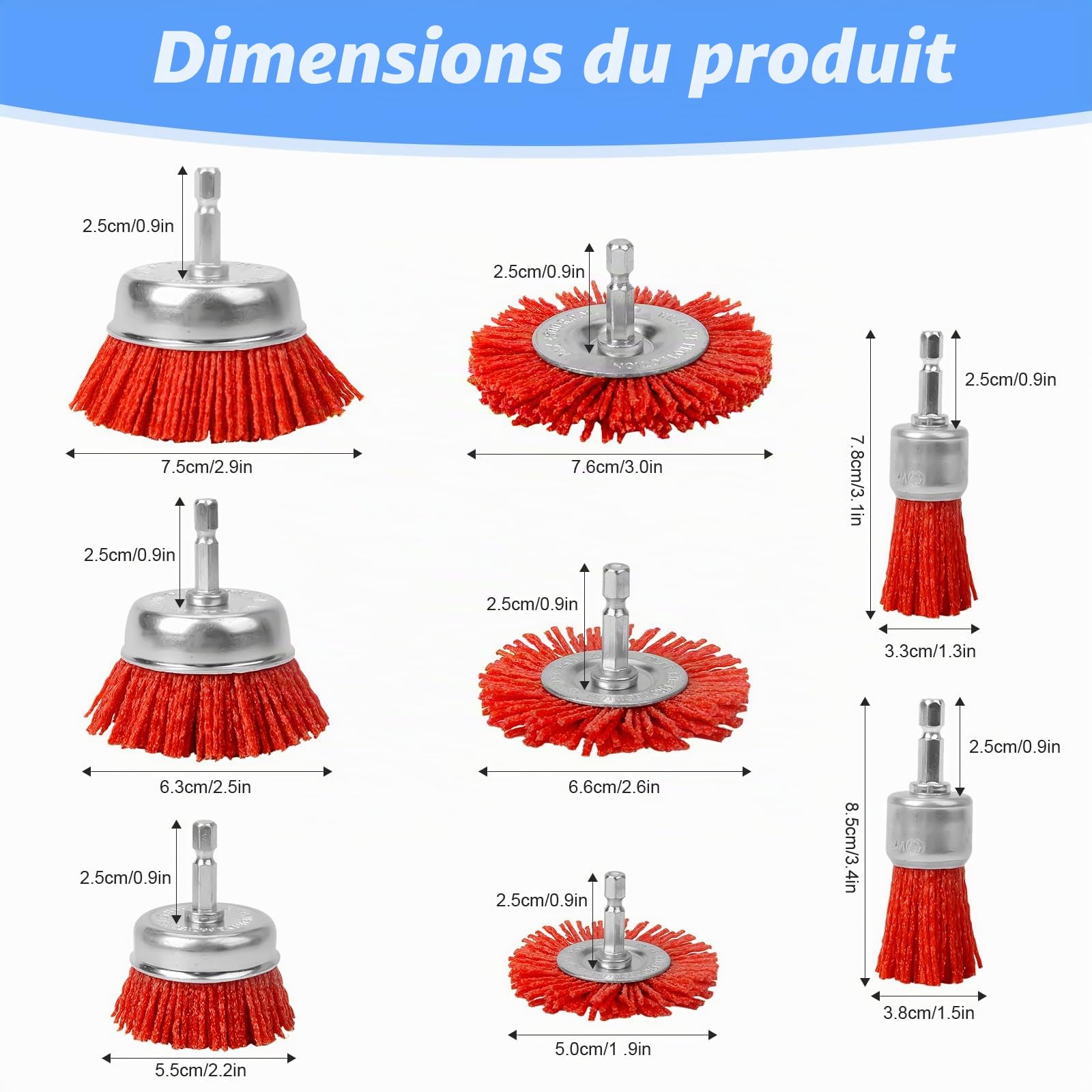 8 Pièces Brosses Abrasives Nylon pour Perceuse, Brosse Nylon Perceuse avec Tige Hexagonale 1/4", Outils Abrasifs Poncage Bois, Brosse Perceuse pour Enlever Rouille, Corrosion, Peinture