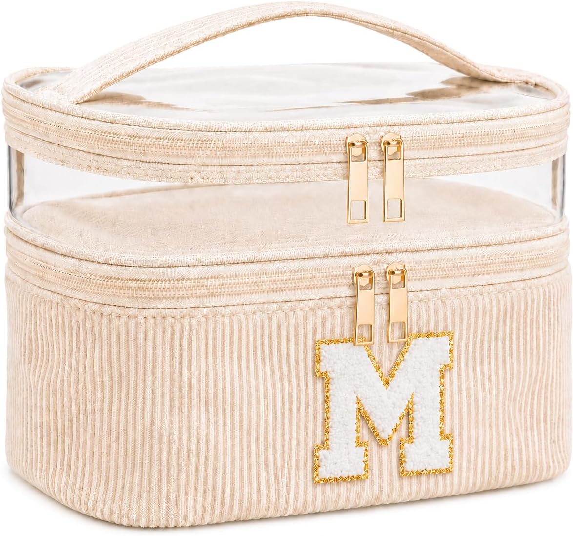 Initial Makeup Bag for Women, Double Layer Corduroy Cosmetic Bag, Preppy Letter Travel Toiletry Pouch, Large Capacity Makeup Organizer for Travel, Purse, Vanity & Gifts (Beige, M)