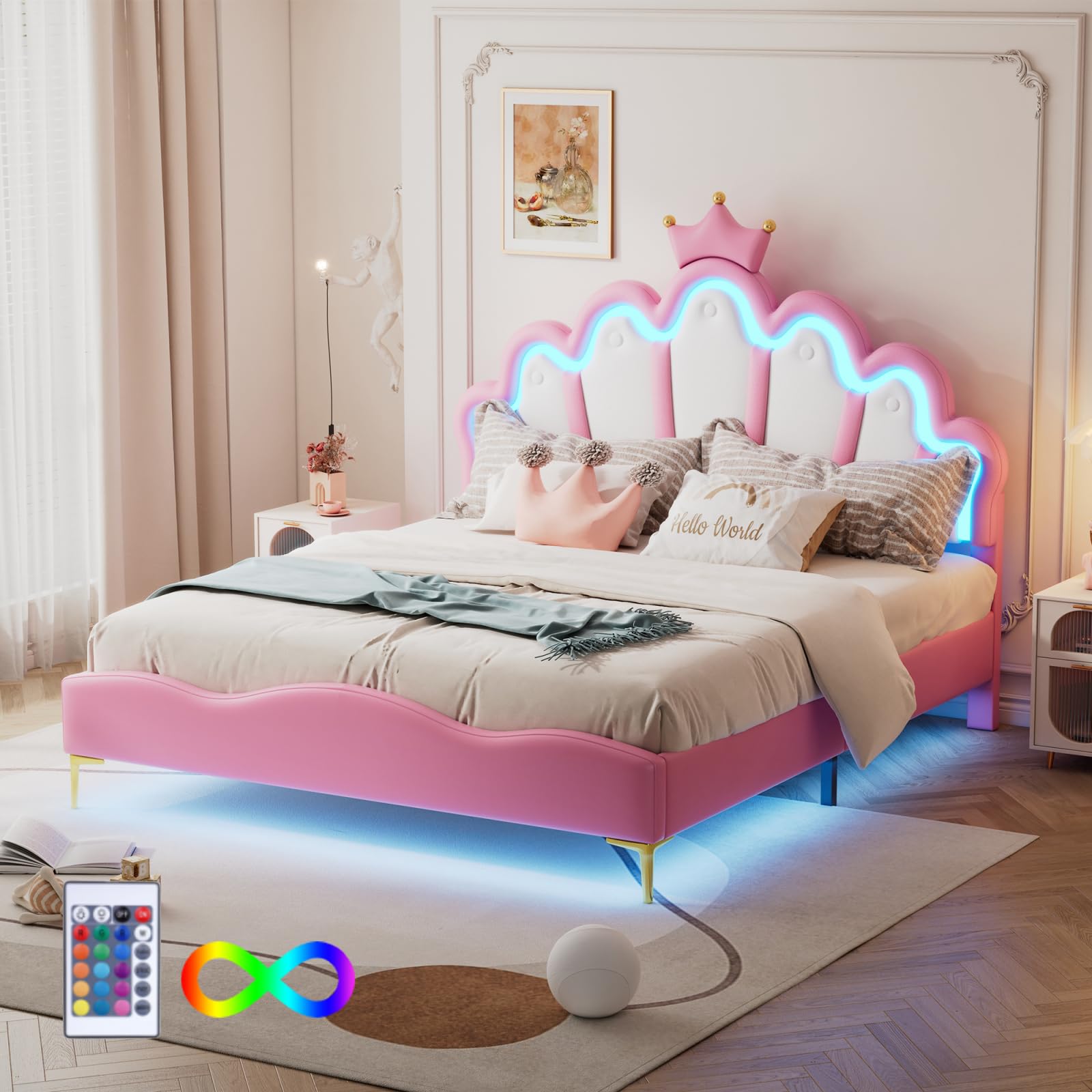 Letto matrimoniale imbottito per bambini, 140 x 200 cm, letto per ragazze con testiera LED imbottita e rete a doghe, in poliuretano, senza materasso (Rosa, 140x200cm)