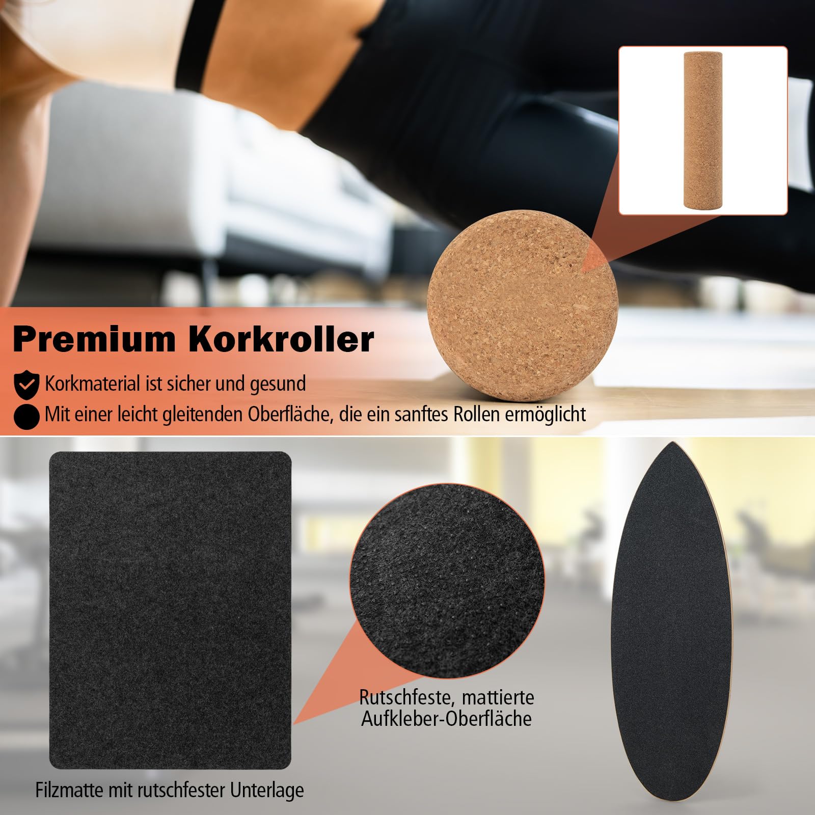GYMAX Balance Board aus Holz, 15 mm BalanceBoard mit 10mm Korkrolle & rutschfeste Matte aus Filz, Indoor Surfboard, Wackelbrett, Gleichgewichtsboard für Kinder & Erwachsene
