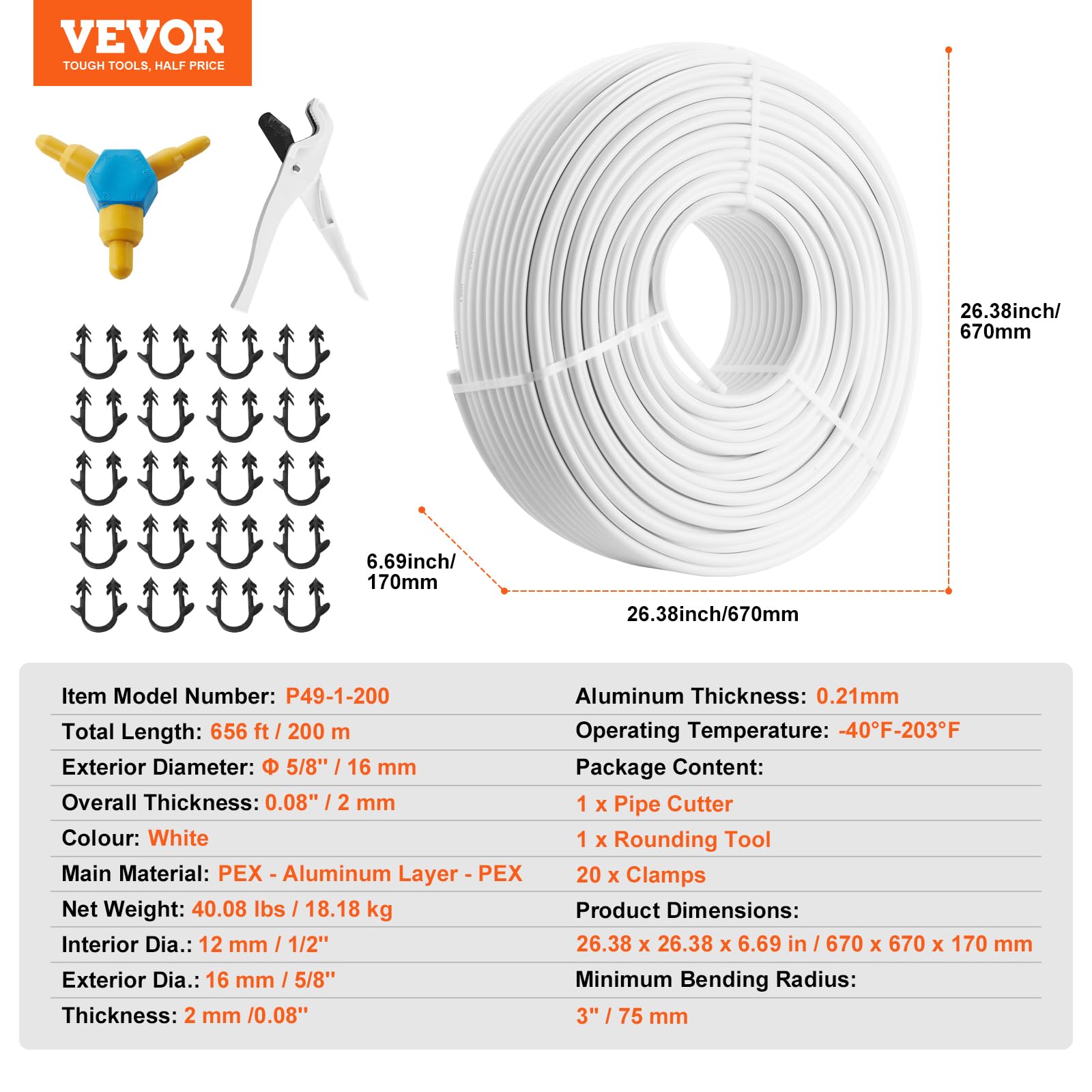 VEVOR Tubo PEX AL PEX para Calefacción por Suelo Radiante Rollo de 200m Tubo Compuesto de Aluminio y Plástico Φ 16mm Espesor de 2 mm con Barrera de Oxígeno para Gas, Agua Fría y Caliente de Hogar