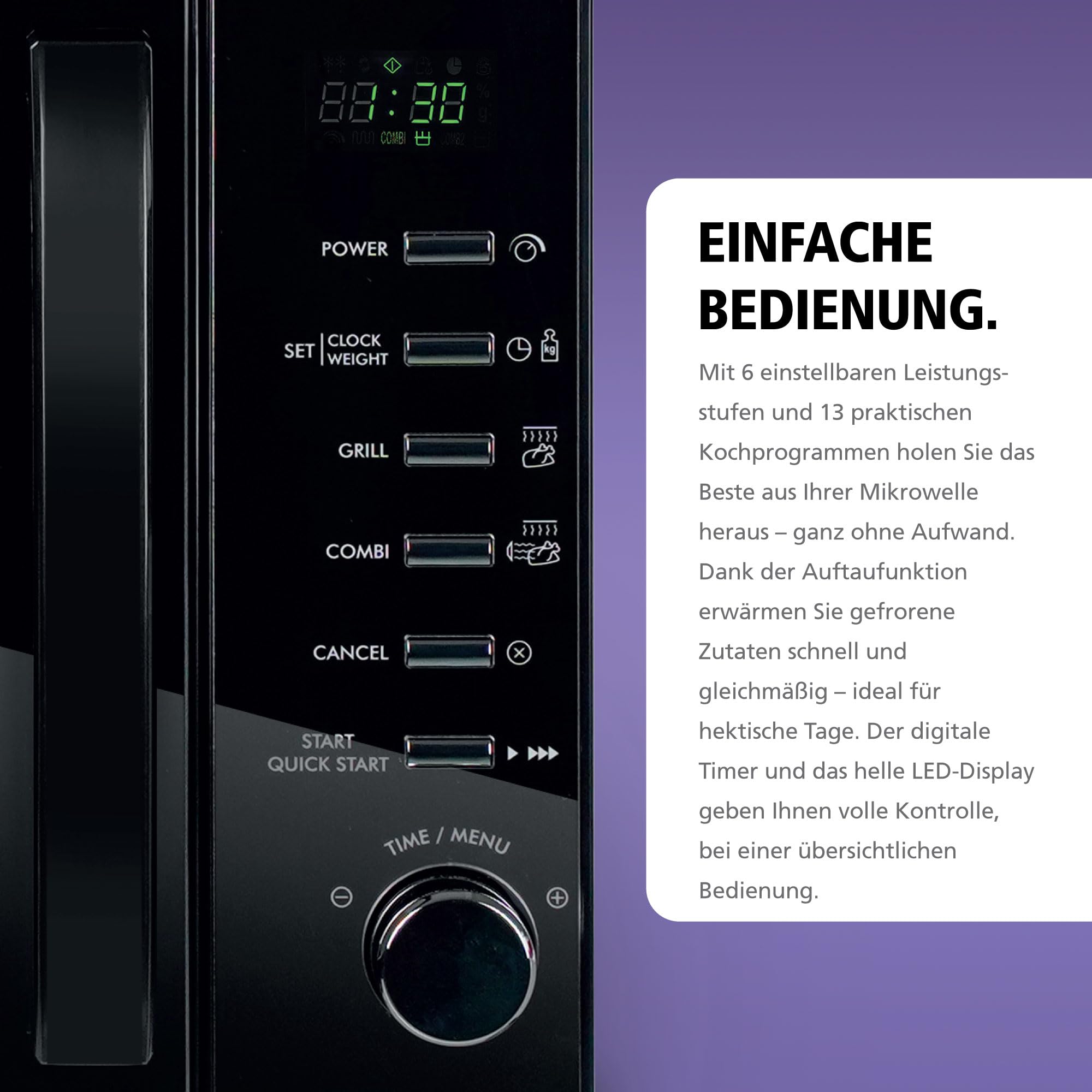 Brabantia Mikrowelle mit Grillfunktion, 20 Liter, 700W, Freistehend, 13 Automatikprogramme, 6 Leistungsstufen, Digitaler Timer, Große Kapazität, Schwarz, BBEK1145DG
