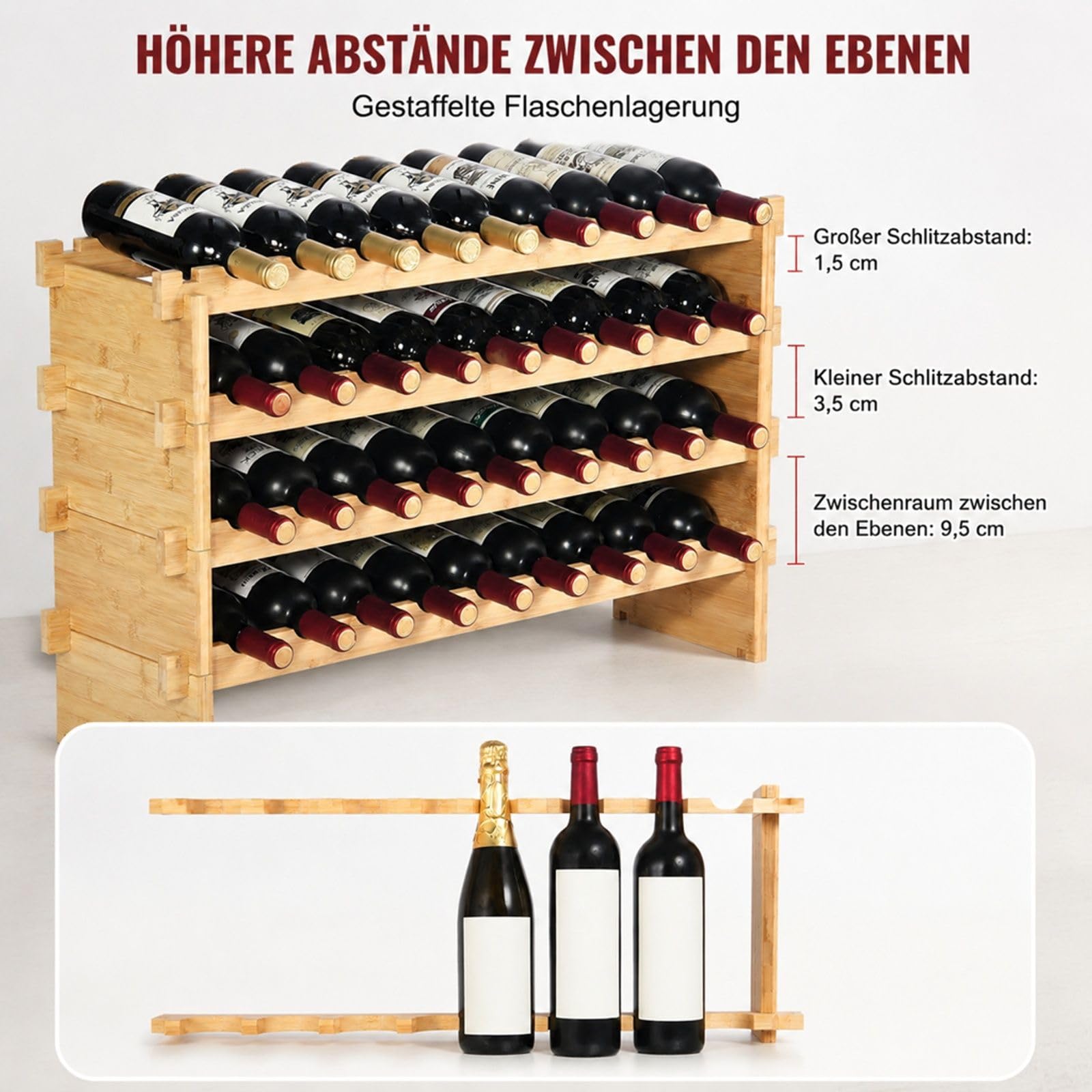 Weinregal aus Bambus für 36 Flaschen, stapelbares Flaschenregal mit 4 Ebenen für Küche, Keller oder Esszimmer