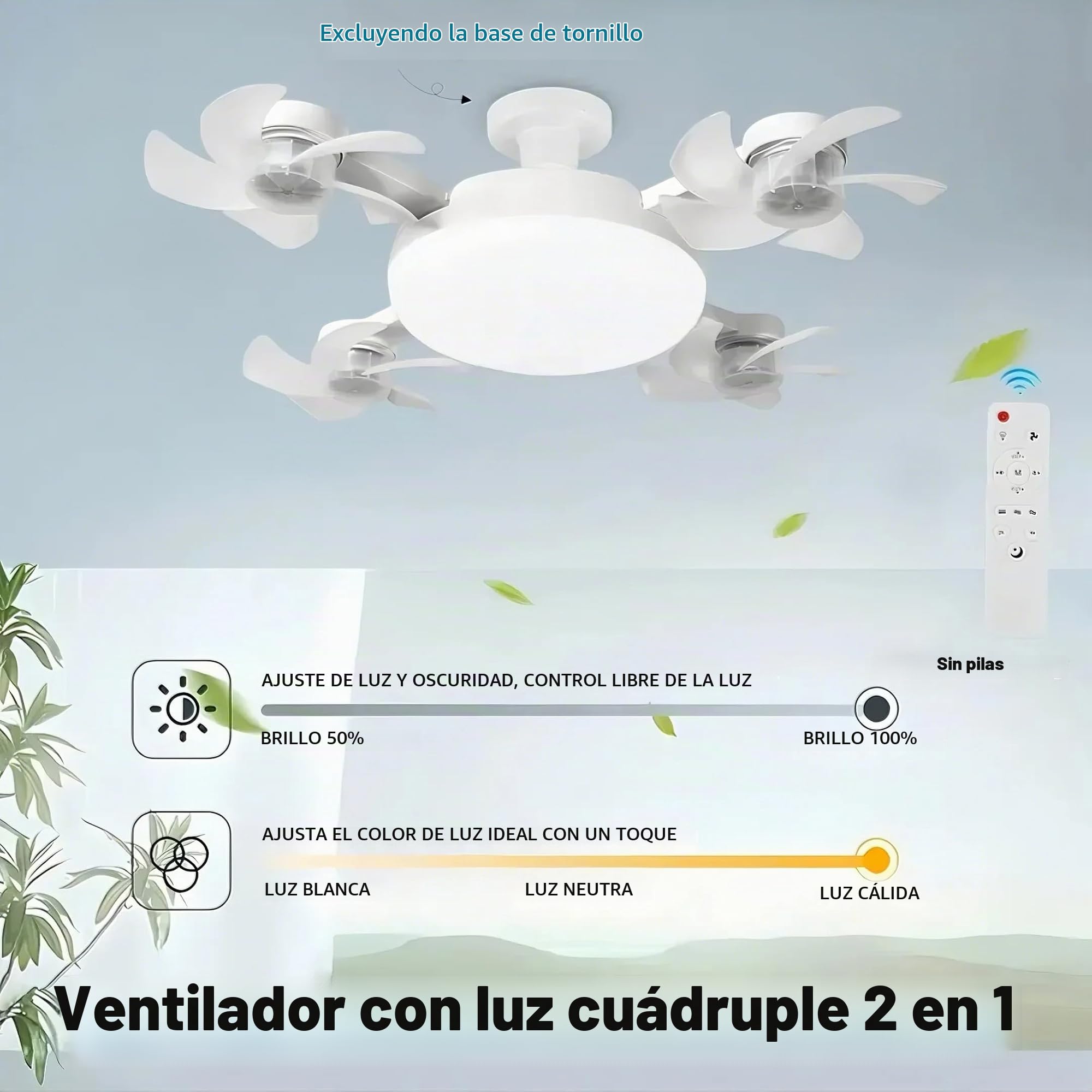 Ventilador de Techo con Luz LED Silencioso, 3 Velocidades y Aspas Retráctiles, Lámpara de Techo con Ventilador para Dormitorio, Salón, Oficina | Diseño Moderno, Control Remoto (Blanco, 4 cabezas)
