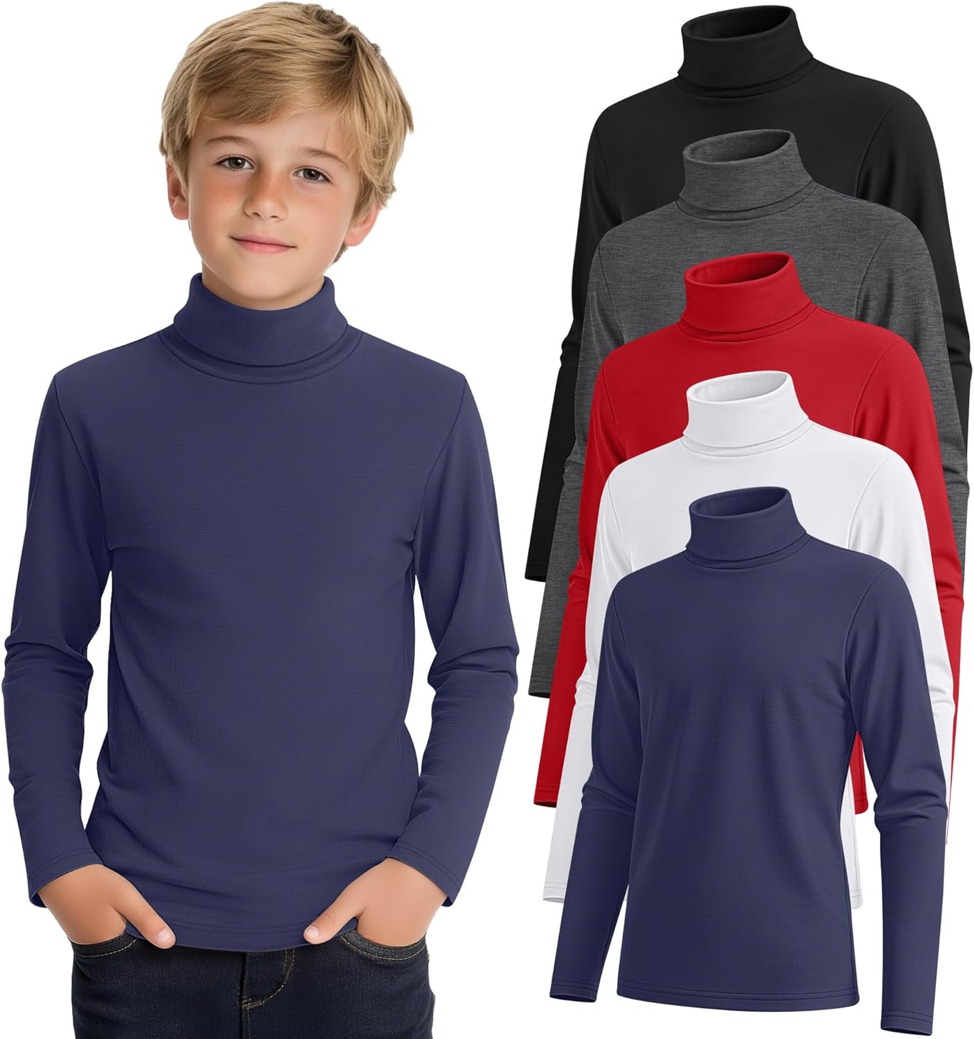 LessonZoo 5 Pack Boys Turtleneck Tops, Kids Long Sleeve T Shirts Turtle Neck Pullover Shirts Solid Color Warm Tees