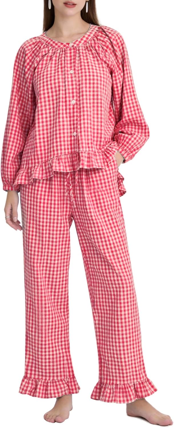 PEHMEA Women's Gingham Cotton Pajama Set Cute 2 Piece Plaid Ruffle PJs with Long Pants Button Down Top for Lounge Sleepwear