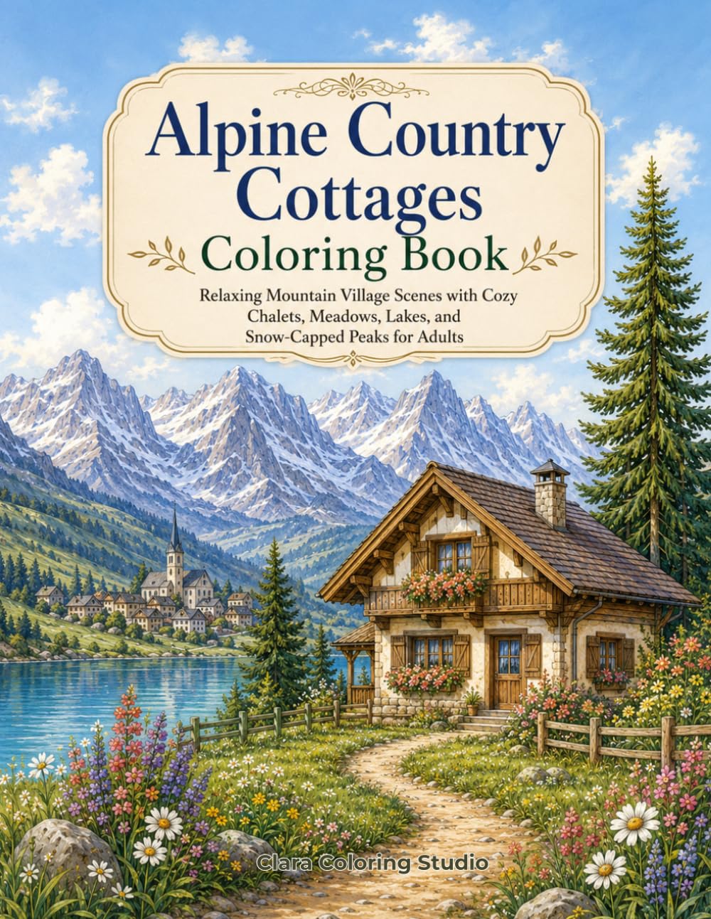 Alpine Country Cottages Coloring Book: Relaxing Mountain Village Scenes with Cozy Chalets, Meadows, Lakes, and Snow-Capped Peaks for Adults
