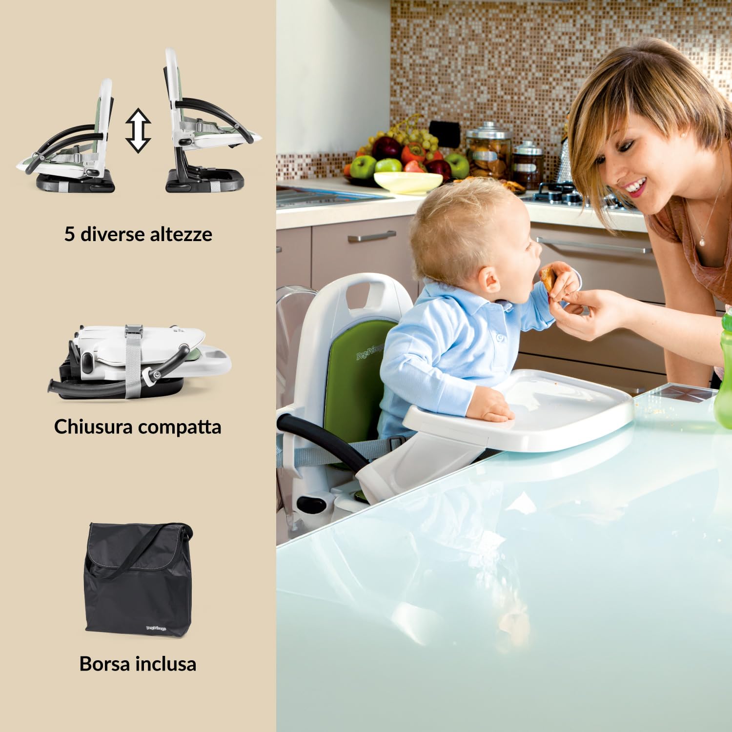 PEG Rialto Alzasedia Pappa, Sedia Bimbi Portatile e Regolabile, Chiusura Compatta, Vassoio Rimovibile, Seggiolone da Viaggio per Bambini da 6 Mesi a 3 Anni (0-15 kg), Petrolio