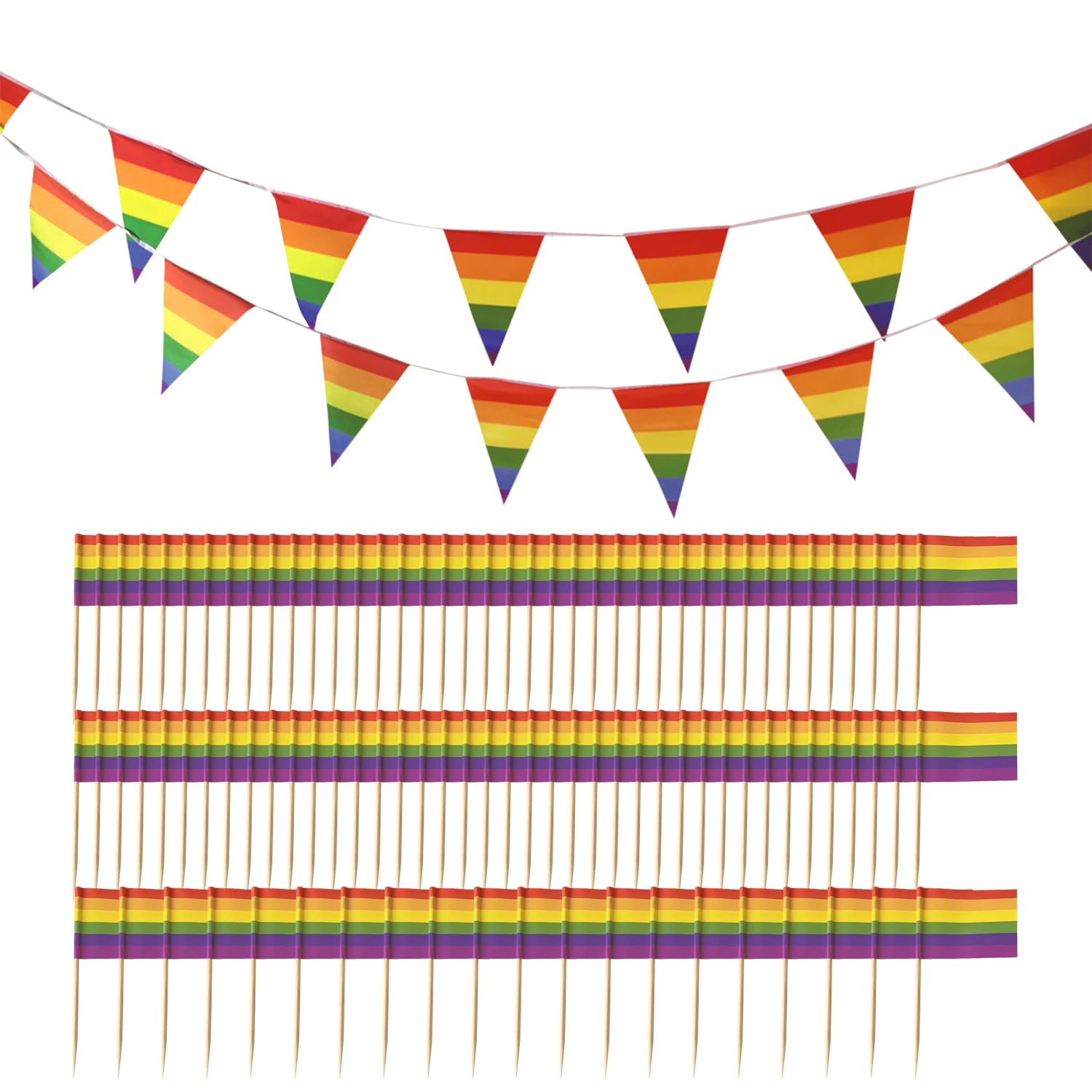 RNSKFG 1 Set Of Pulling Flags And 100 Pieces Of Mini-Tie Flags, Rainbow Pennant Banners, Outdoor Garden Decorations, Party Decorations.