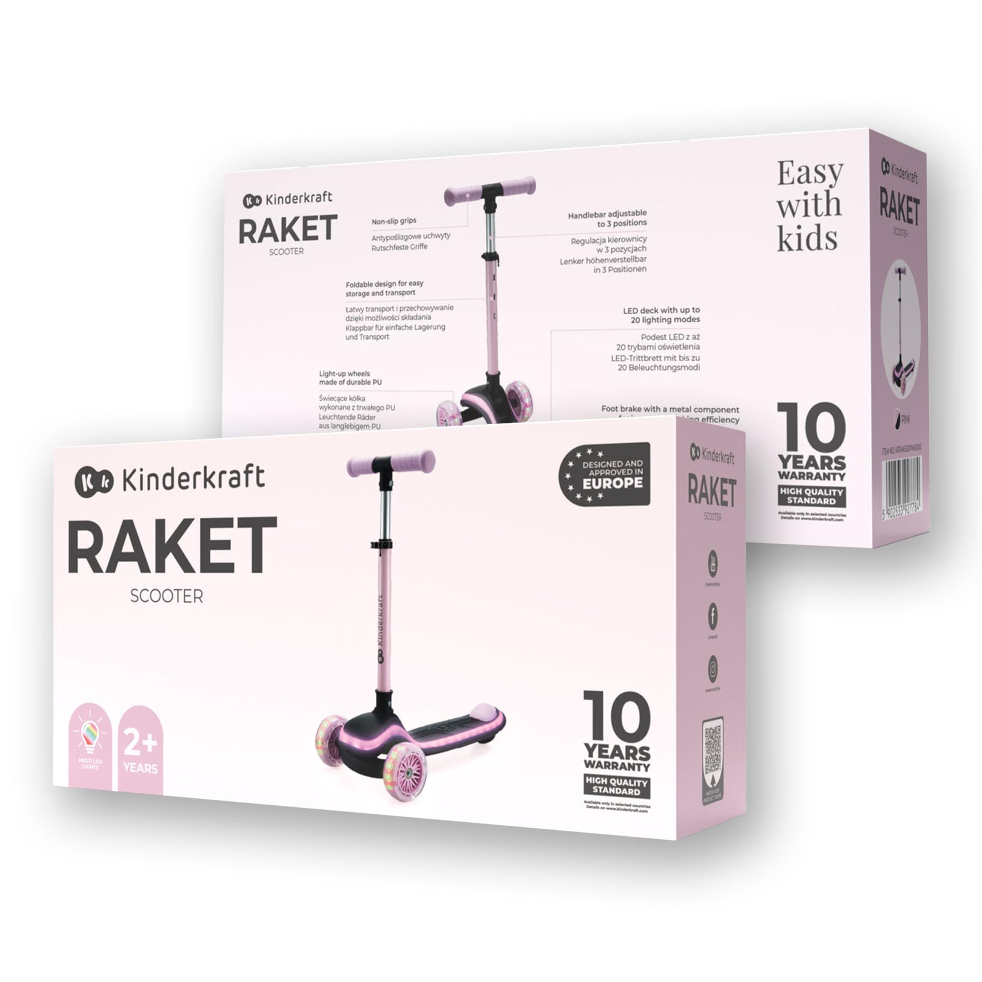 Kinderkraft RAKET Trottinette pour Enfants de 1 an à 50 kg, Trottinette, Roues LED, Guidon réglable en Hauteur, Design Moderne, Rose