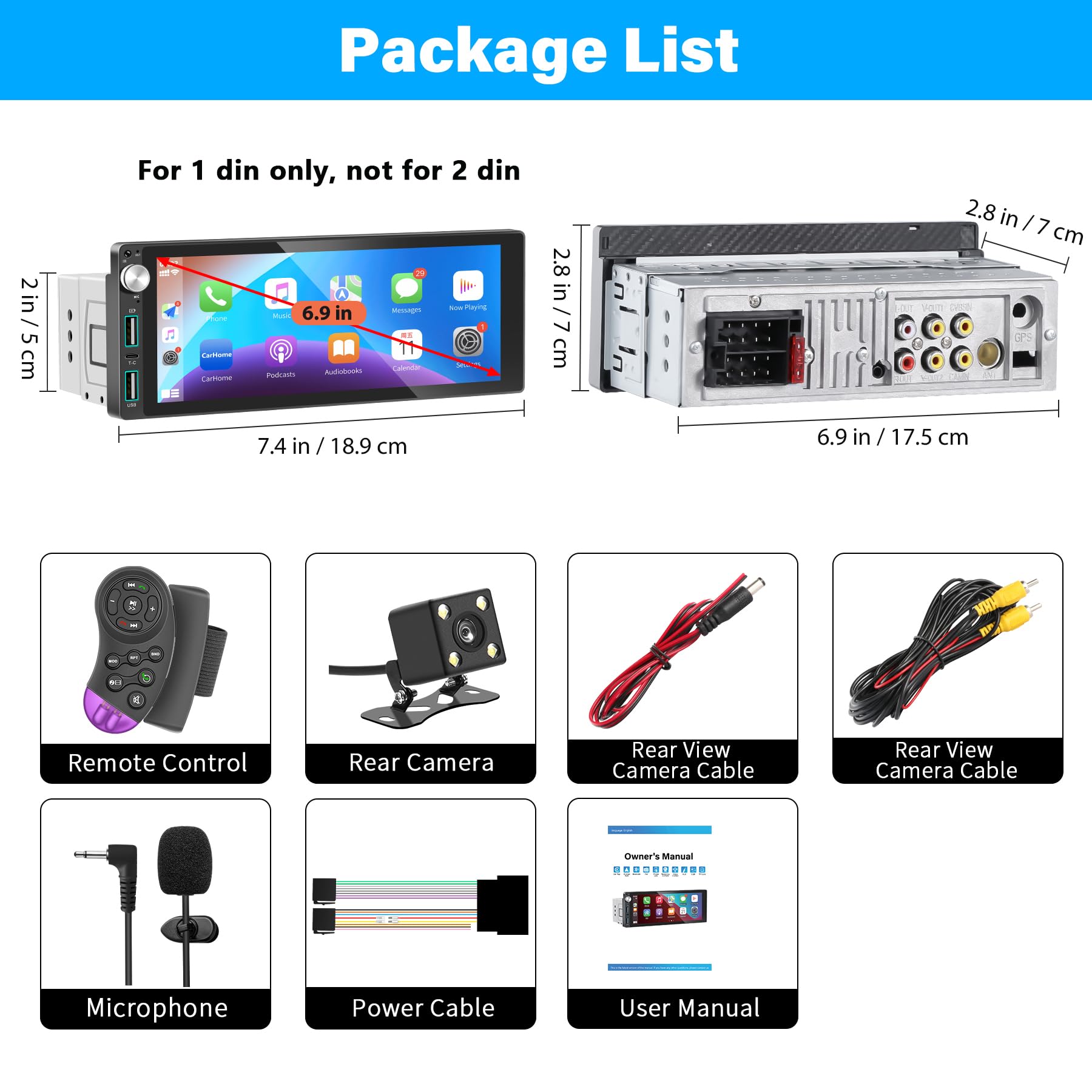 Radio De Coche 1 DIN CarPlay Android Auto 6,9 Pulgadas Táctil Pantalla