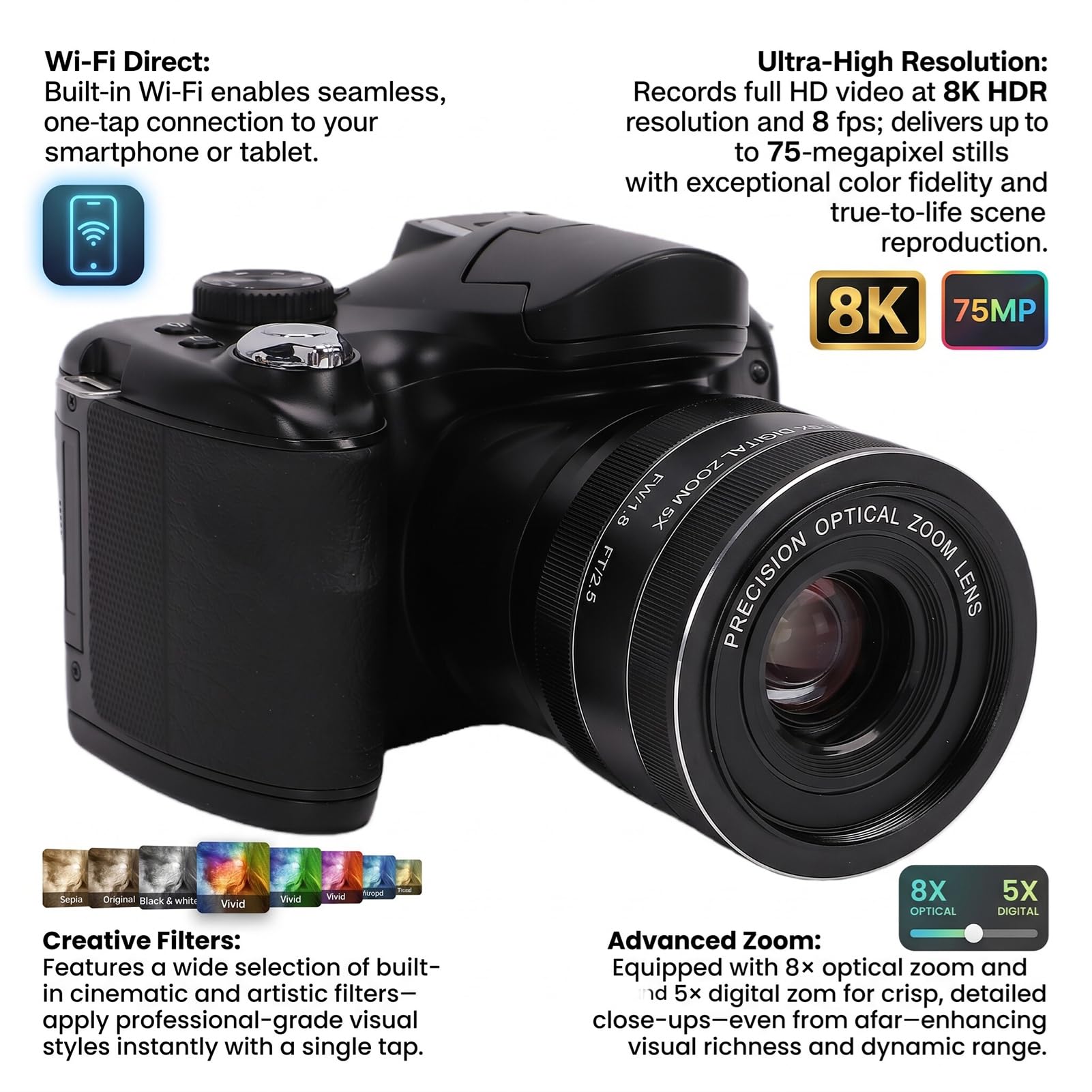 WiFi Cámara Digital 8K 75MP con Pantalla HD de 3 Pulgadas, Zoom 40x, Cámara Lenta, Lapso de Tiempo y Efectos de Filtro, Portátil, para Fotografía Vlogging