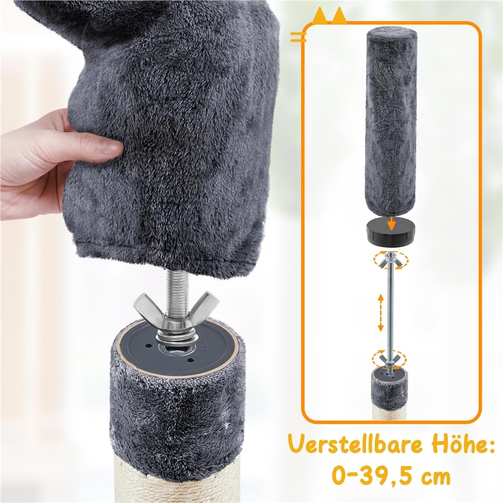 Yaheetech 226-265,5 cm Kratzbaum deckenhoch XXL Katzenbaum groß dunkelgrau | Höhenverstellbarer Kletterbaum | mit Deckenspanner | Flexibel in jede Richtung drehen | mit 3 Kratzsäulen & 4 Plattformen
