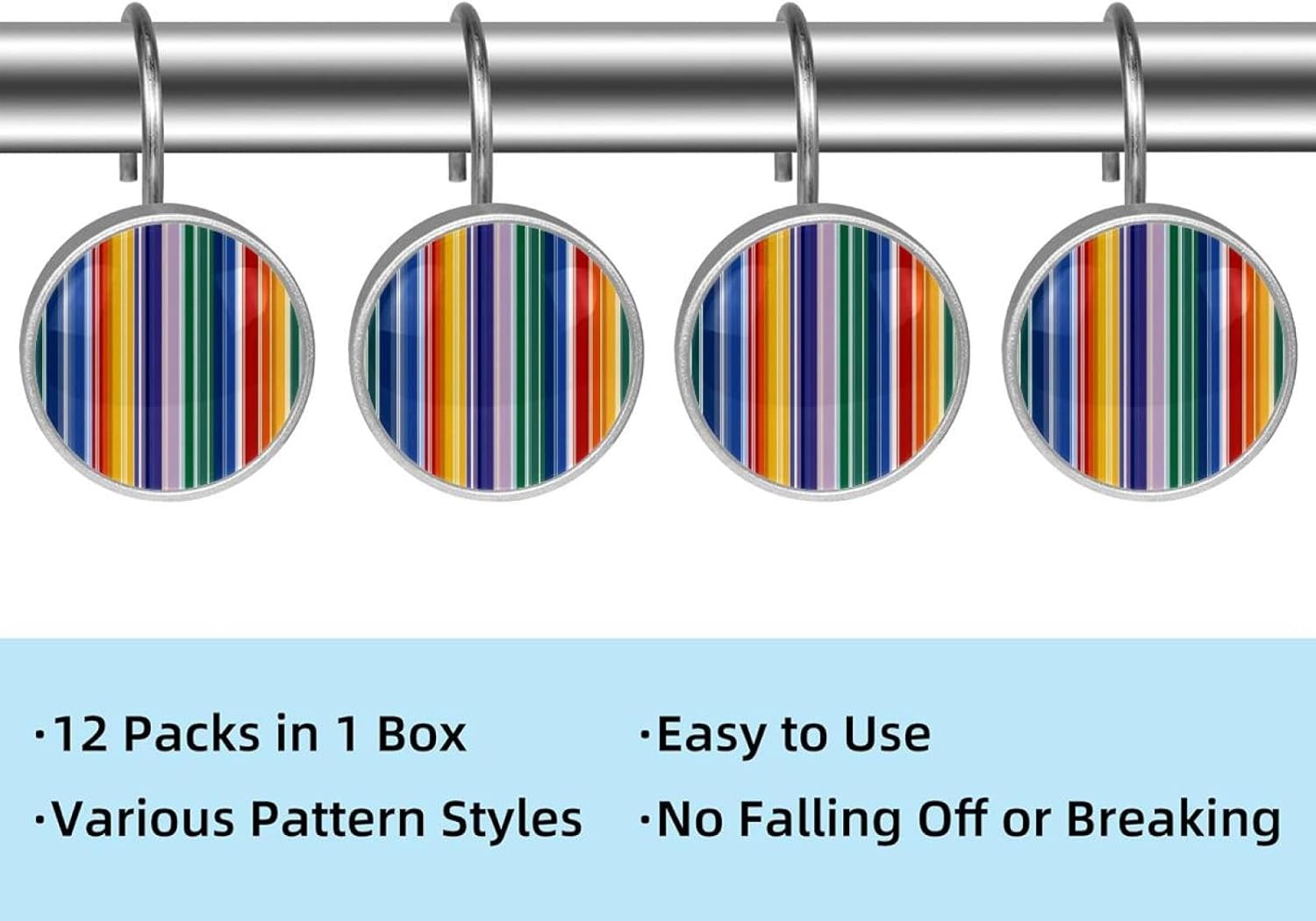 12PCS Rainbow Stripe (2) Shower Curtain Hooks Rings for Bathroom, Decorative Shower Curtain Hooks Rods Curtains and Liner