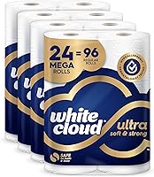 White Cloud Ultra Soft & Strong Toilet Paper - 24 Mega Rolls (96 Regular Rolls), Hypoallergenic, Septic Safe, Dermatologist Tested