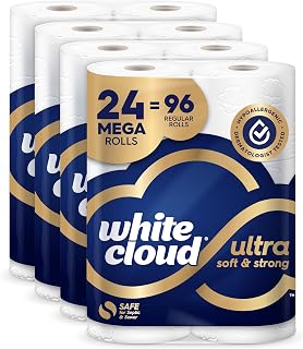 White Cloud Ultra Soft & Strong Toilet Paper - 24 Mega Rolls (96 Regular Rolls), Hypoallergenic, Septic Safe, Dermatologist Tested