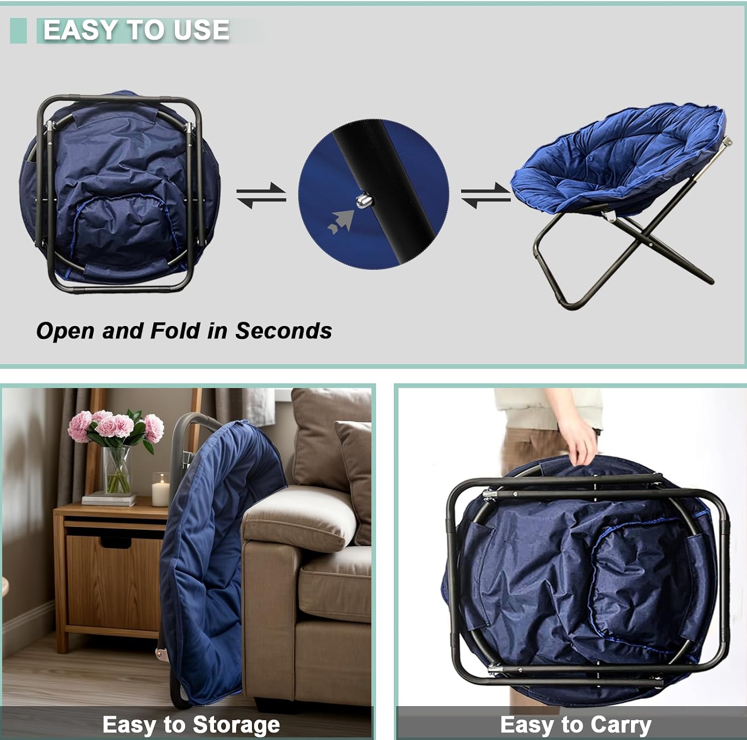 Folding Saucer Chair for Adult, Comfy Padded Moon Chairs with Faux Fur, Round Portable Lounge Chair with Metal Frame, Reading Relaxing Lightweight Seat for Bedroom Living Room Dorm (navy blue, 1 PACK)