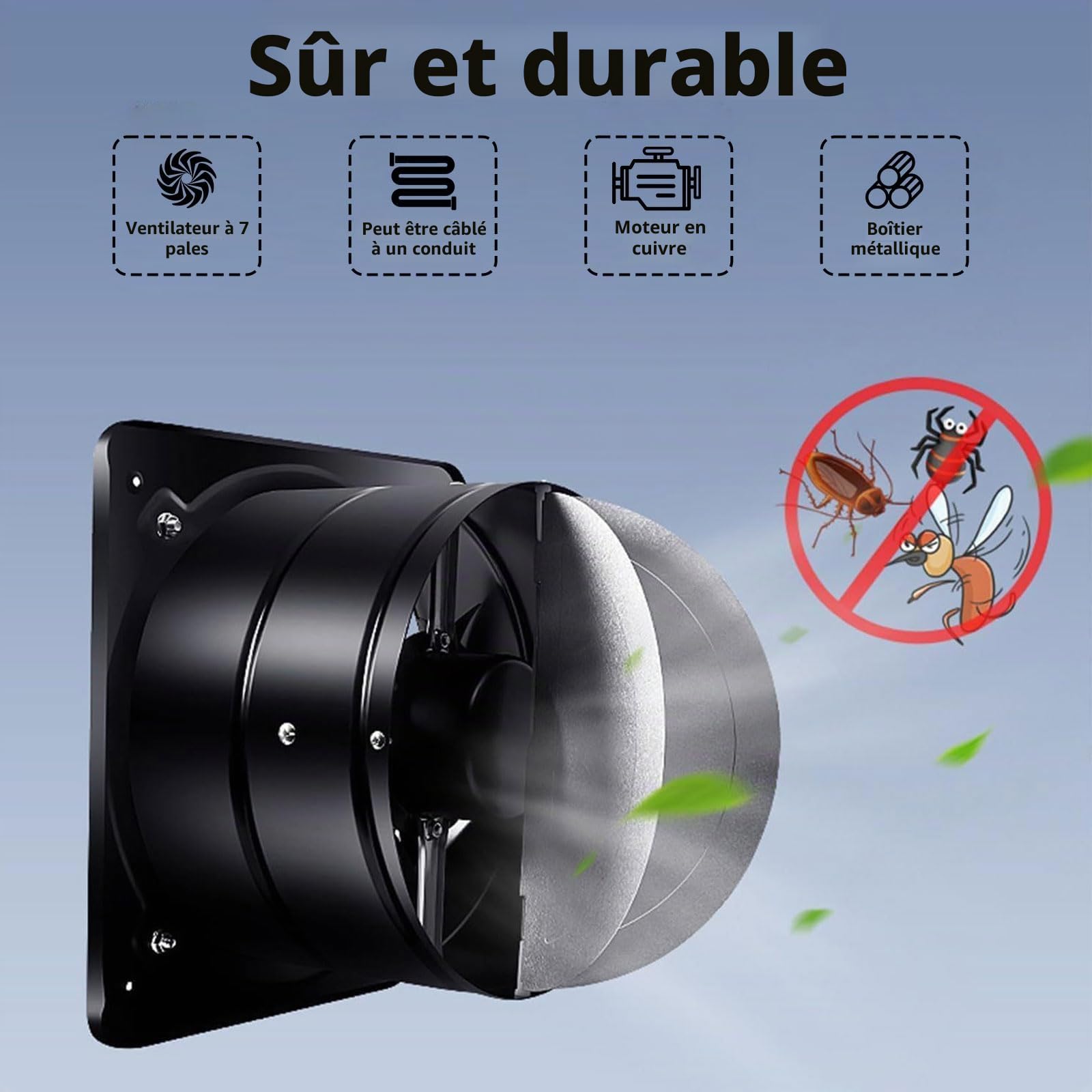 100 mm Extracteur d'Air, Ventilateur Mural 140m³/h avec Clapet Anti-Retour Matériau Métallique, Prévention de l'Humidité et Refroidissement, pour Salle de Bain, Cuisine, Bureau, WC, Garage - Noir