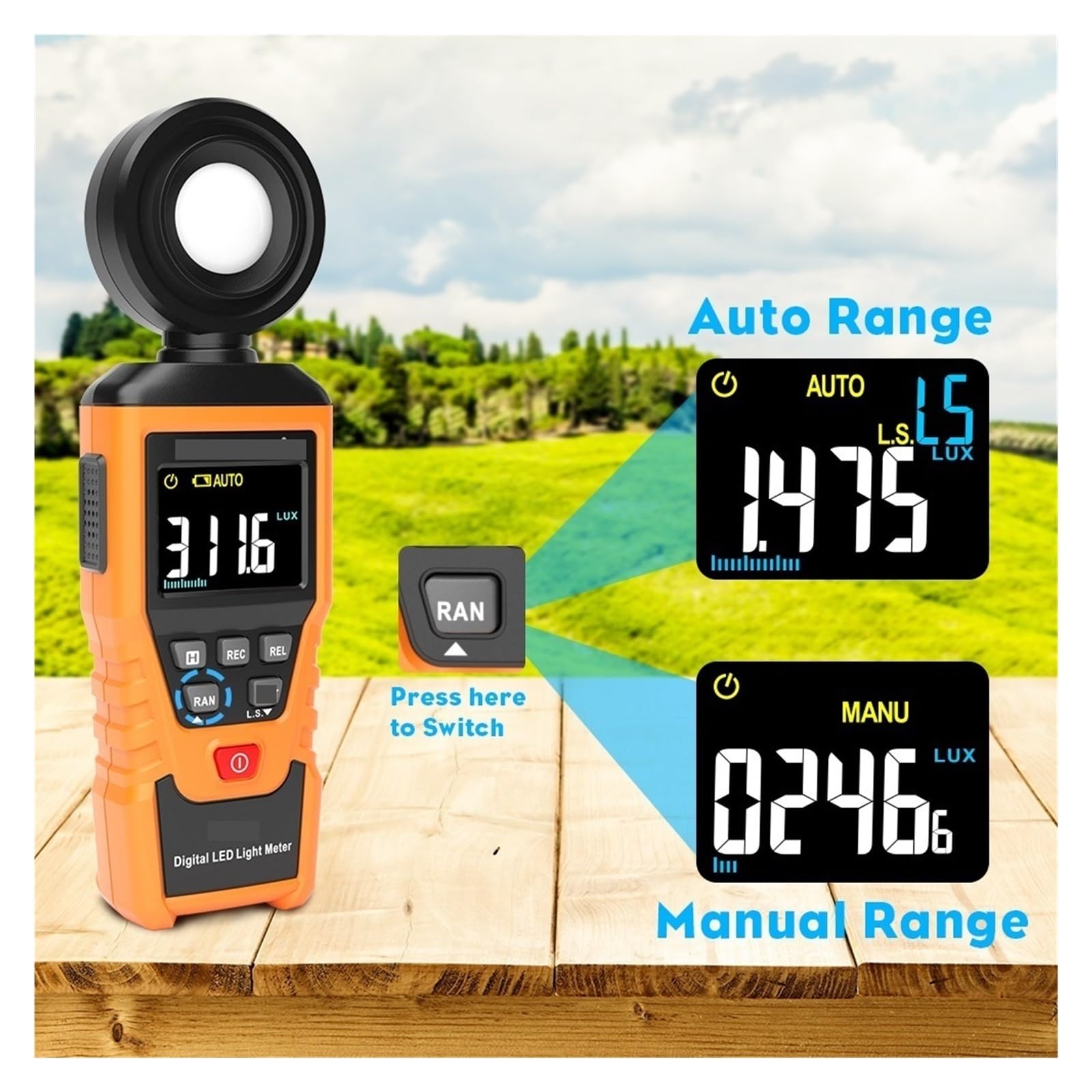 Luxometro, Luxómetro Digital Iluminador Profesional De Alta Precisión 180° Con Sensor De Luz Giratorio Lux Fotómetro,para jardín, interior y fotografía