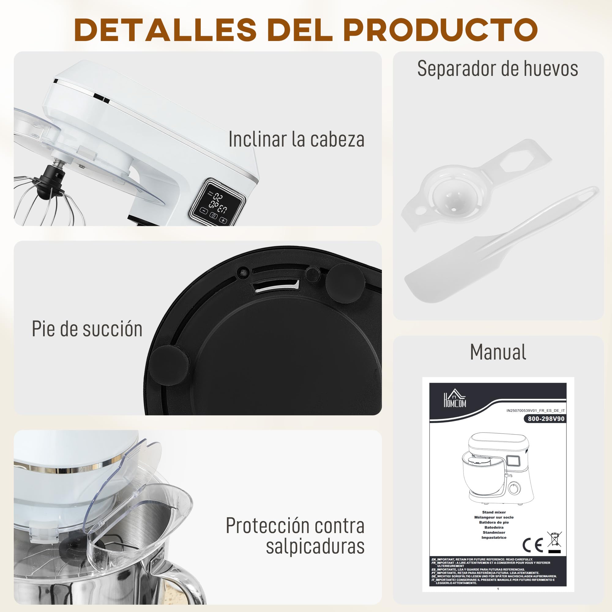 HOMCOM Batidora Amasadora 6L Amasadora de Pan 1400W 6 Velocidades Blanco | LED, Fermentación, Bol de Acero Inoxidable, Batidor, Gancho, Varilla, Protector contra Salpicaduras
