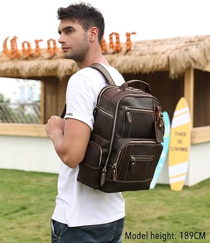 Miniatura 7 de Lannsyne Mochila vintage de cuero de grano completo para hombre de 15.6 pulgadas, mochila para laptop de camping y viajes, mochila de 24 L, Marrón,