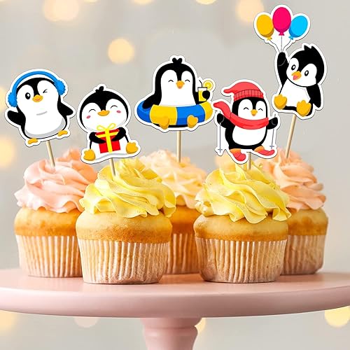 Miniatura 5 de 32 decoraciones de pingüino para cupcakes de invierno, decoración de fiesta de cumpleaños de pingüinos para niñas y niños, decoración de pastel de