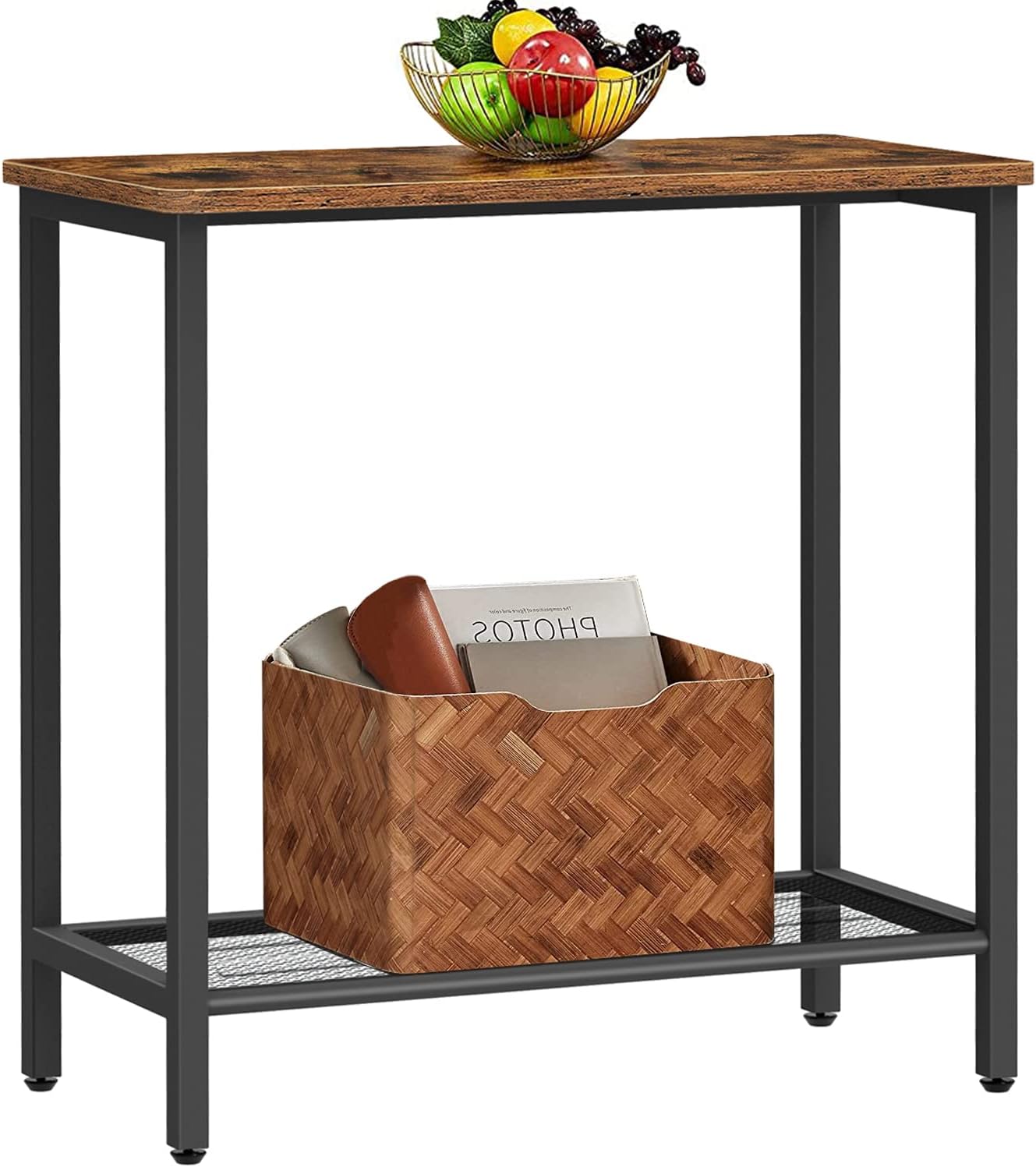 BEEWOOT Narrow Nightstand for Small Spaces, End Table, Sofa Side Table with 2-Tier Storage Shelf, for Living Room, Entryway, Bedroom, Metal Frame and Easy Assembly, Rustic Brown TB01BB008