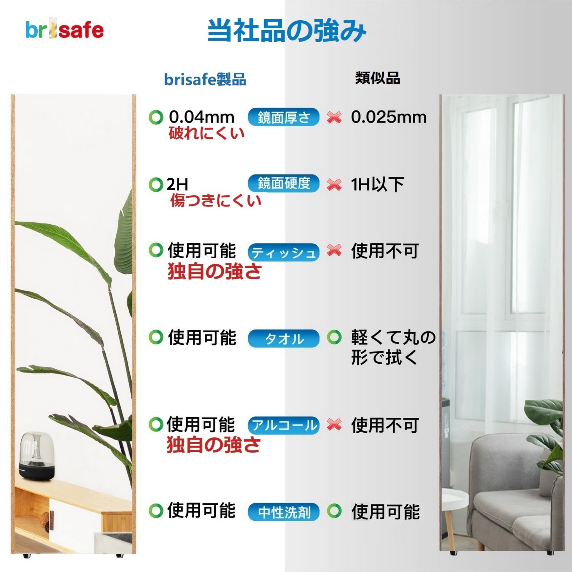 Amazon.co.jp: brisafe 日本製鏡面フィルム 割れない軽量ミラー 全身鏡 