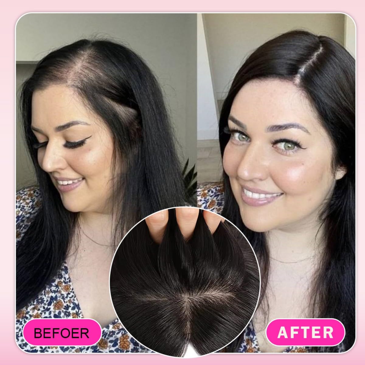 Sexycat Haar Toppers Echthaar Natürliche Schwarze für Damen, 100% Remy Haarteil Oberkopf für Volumen & Haarverdichtung bei dünnem Haar, Clip-in Hair Topper ohne Pony, Flauschig & Soft