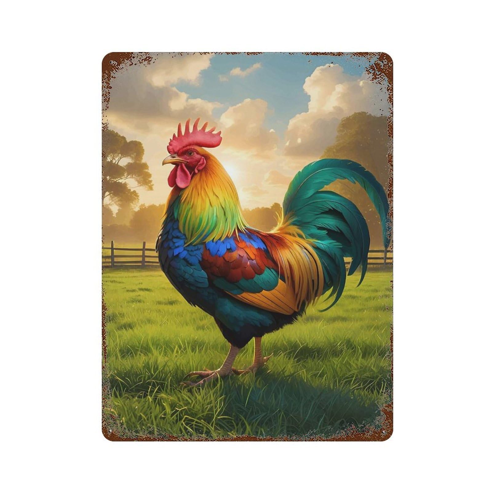 Rust Effect Rainbow Rooster at Sunrise Distressed Metal Wall Sign 15.7"x11.8", Farmhouse Wall Decor for Office, Studio And Wall Decor