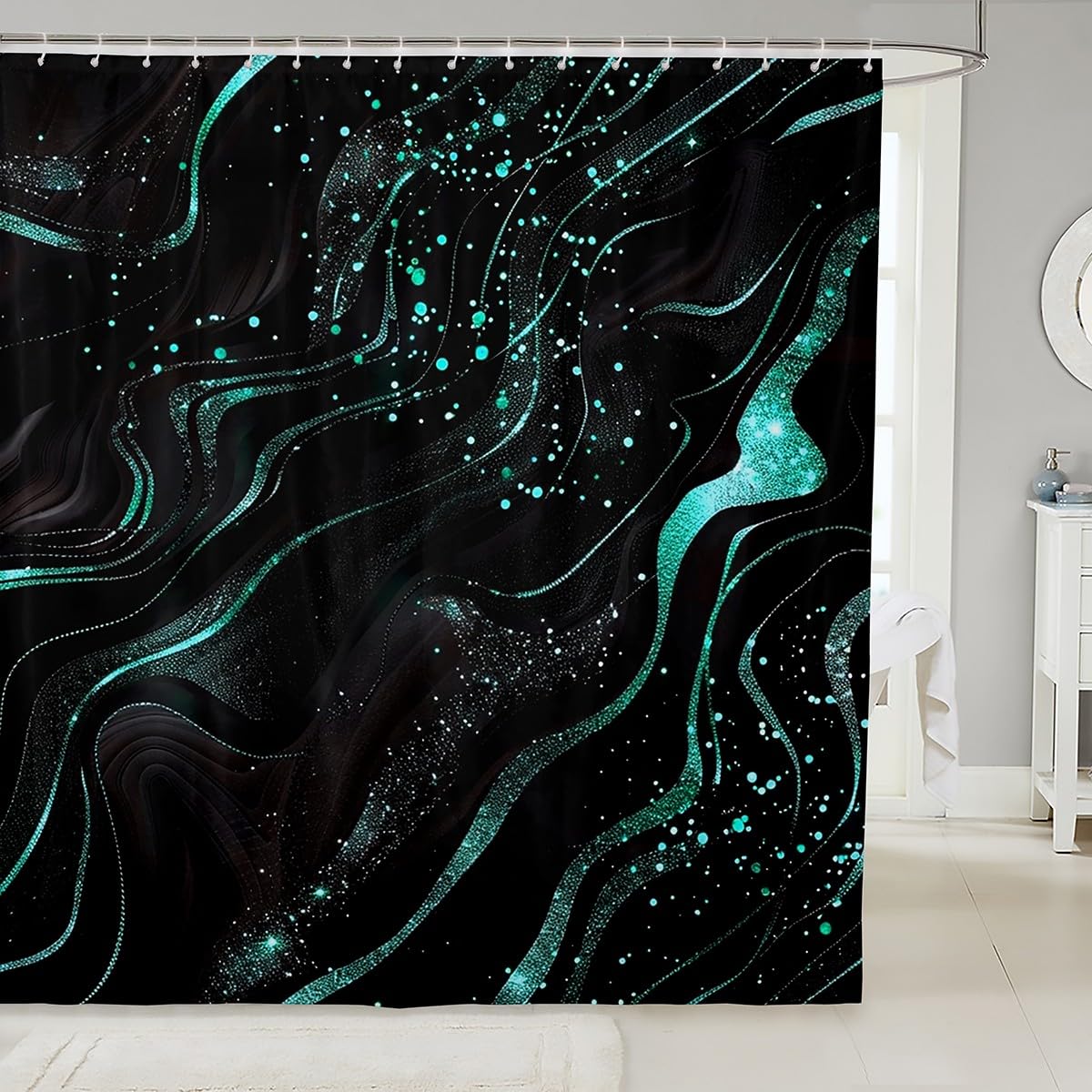 Erosebridal Marble Texture Shower Curtain 72" Wx84 L Black Teal Bathroom Accessories for Teens Boys Shiny Glitter Modern Aesthetic Stone Watercolor