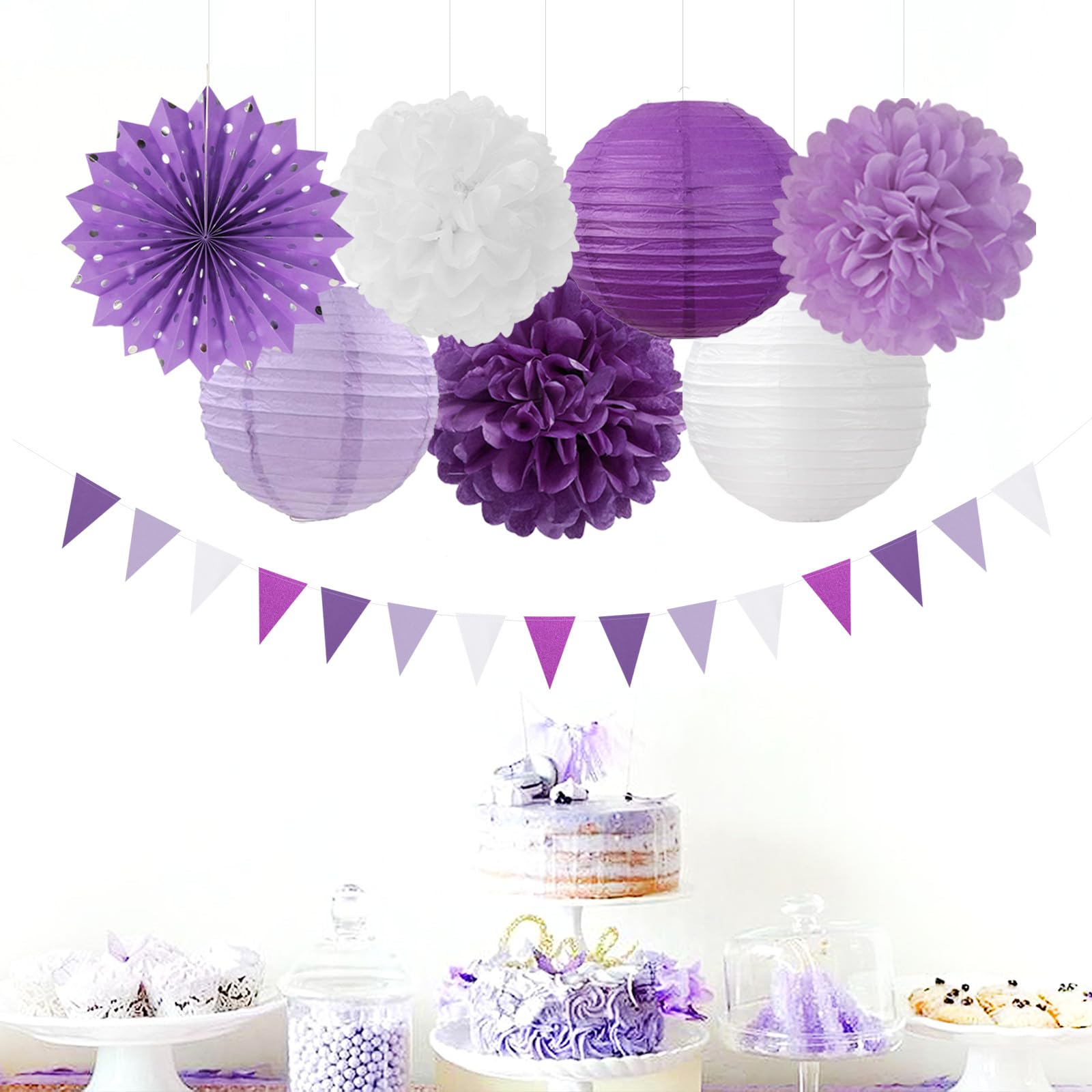 Lot De 14 Lanternes En Papier Bleu Marine, Blanc Argenté Avec Pompons En Forme De Fleur De Soie, Boules En Nid D'abeille, Remise De Diplôme