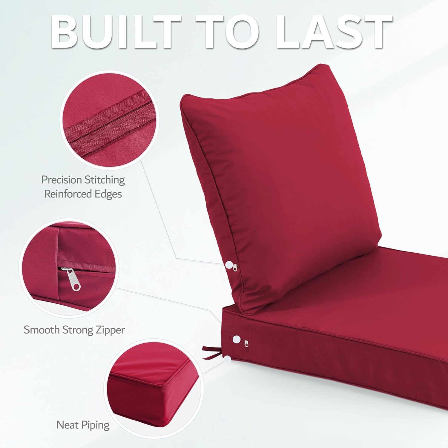 24x24 Inch Outdoor Chair Cushions Set of 2, Patio Furniture Cushions - Removable Cover, Water-Repellent, Fade-Resistant, Non-Slip Bottom & Straps, Replacement for Deep Seat Sofa & Couch - Burgundy thumbnail