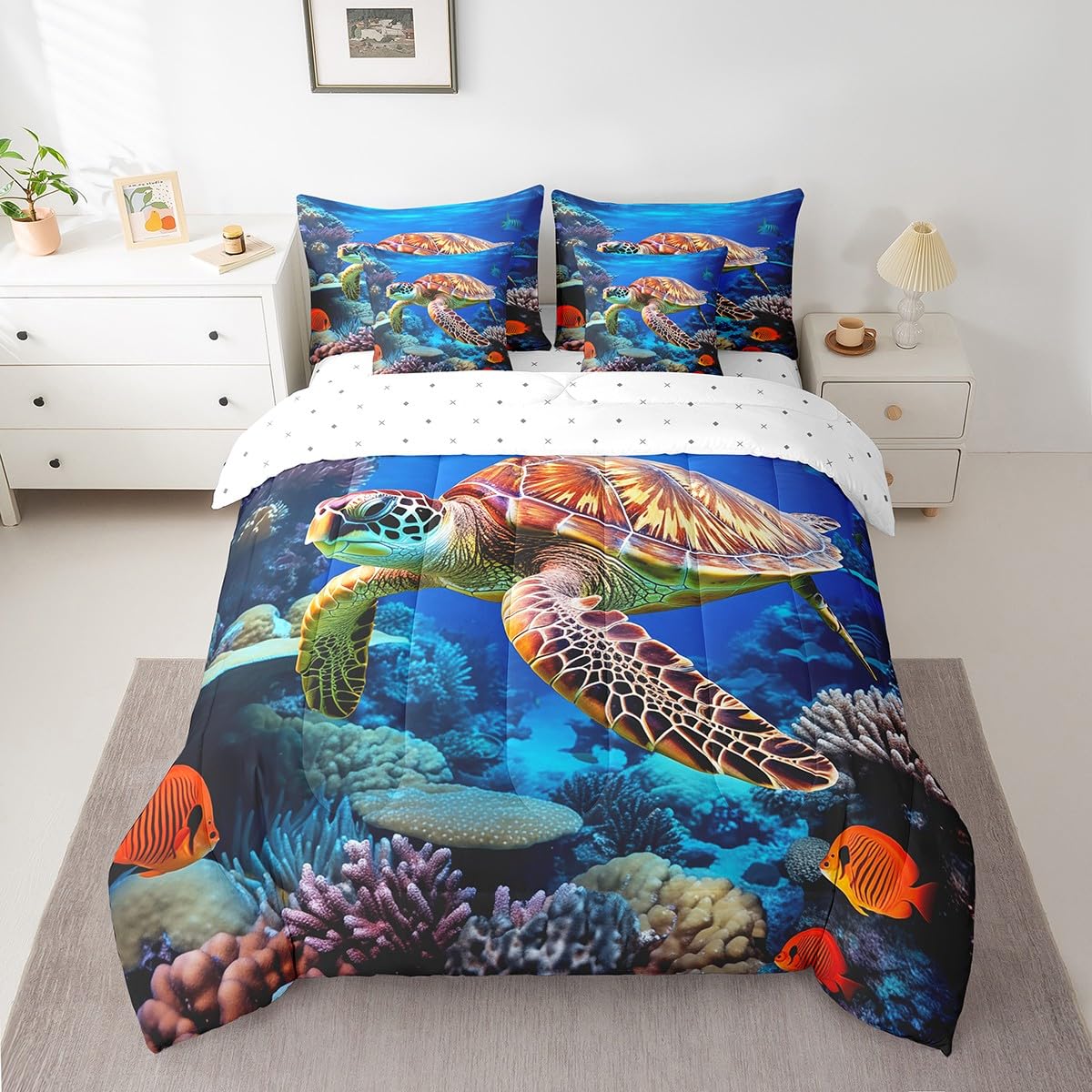 Erosebridal Blue Sea Turtle Comforter Set King 7Pc Ocean Animal Marine Life Bed in a Bag,Nautical Decor Coastal Bedding Set(1 Comforter,1 Fitted Sheet