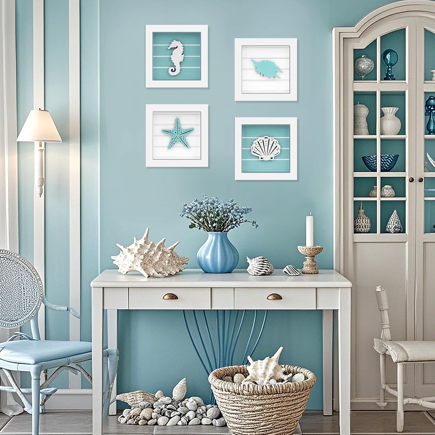 DETENE Coastal Beach Wall Art Rustic Nautical Ocean Themed Hanging Decor for Home Bathroom Living Room Bedroom (white)