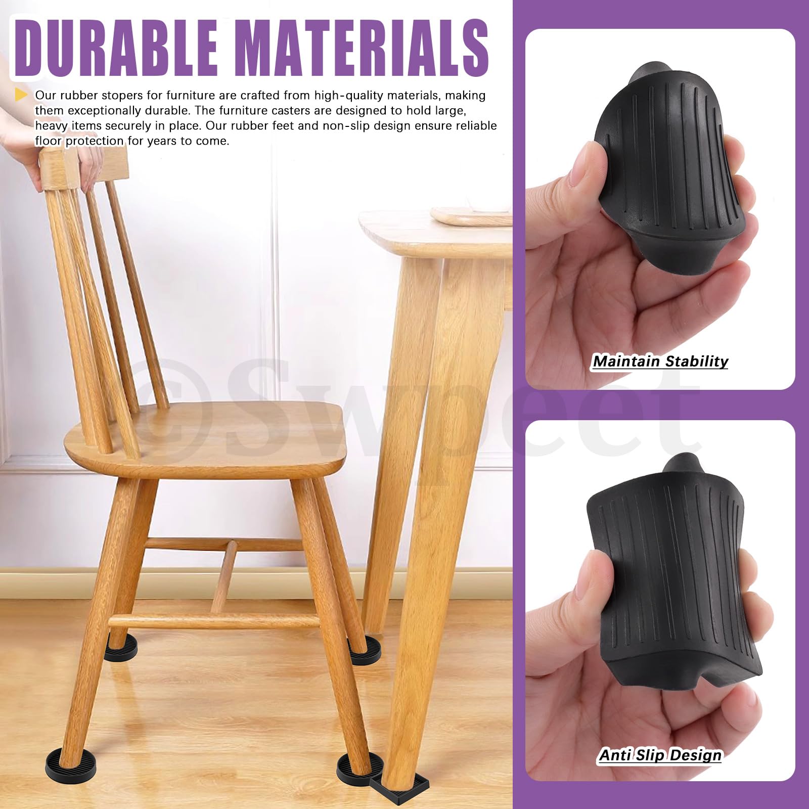 Swpeet 8Pcs 2" x 2" 2 Styles Round and Square Black Rubber Anti Skid Caster Cups Non Slip Furniture Pads Kit - Image 4