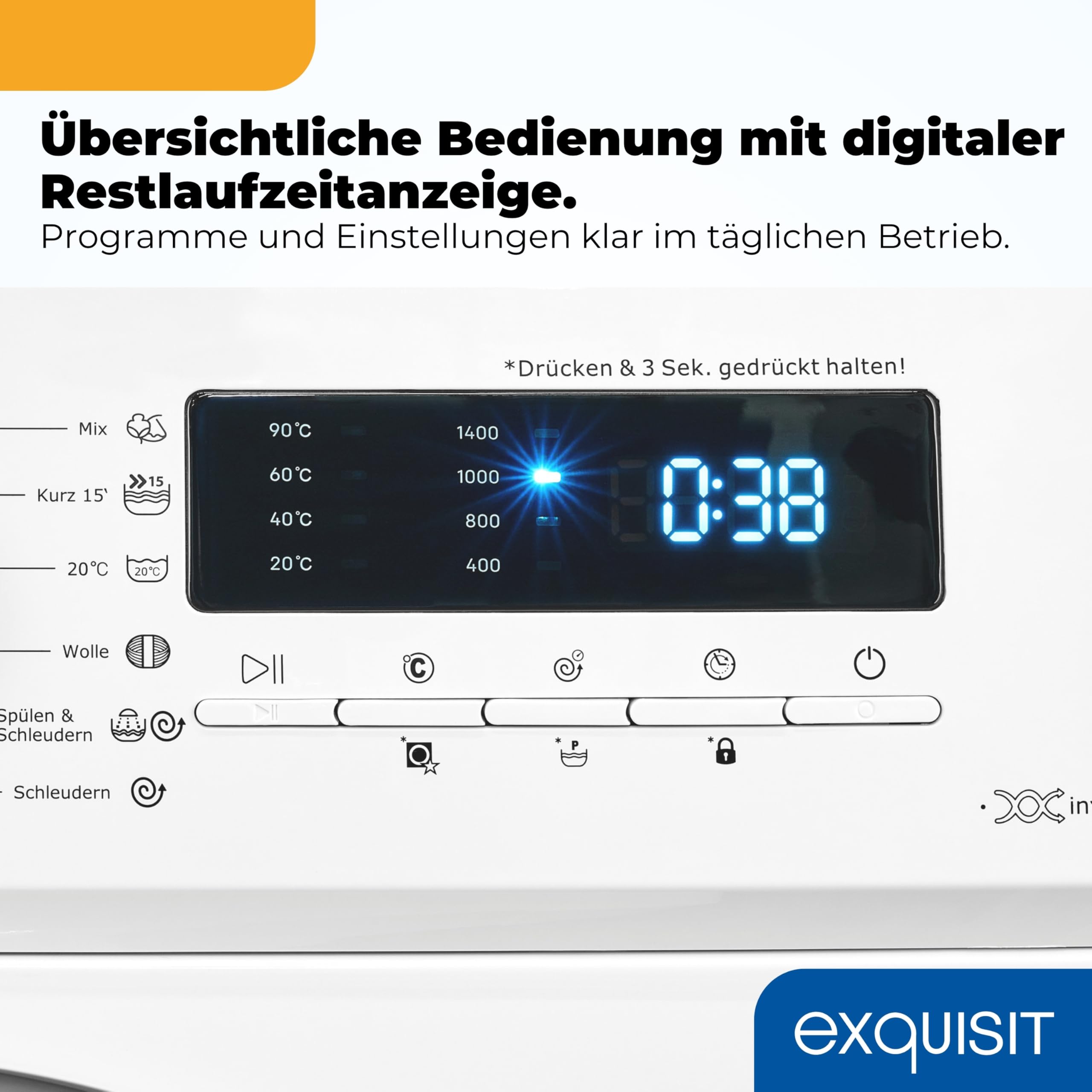 Exquisit Waschmaschine 8 kg, Energieklasse A, 1400 U/Min, 13 Programme | Frontlader mit Startzeitvorwahl, Kindersicherung, Invertermotor – ideal für Familien ab 4 Personen