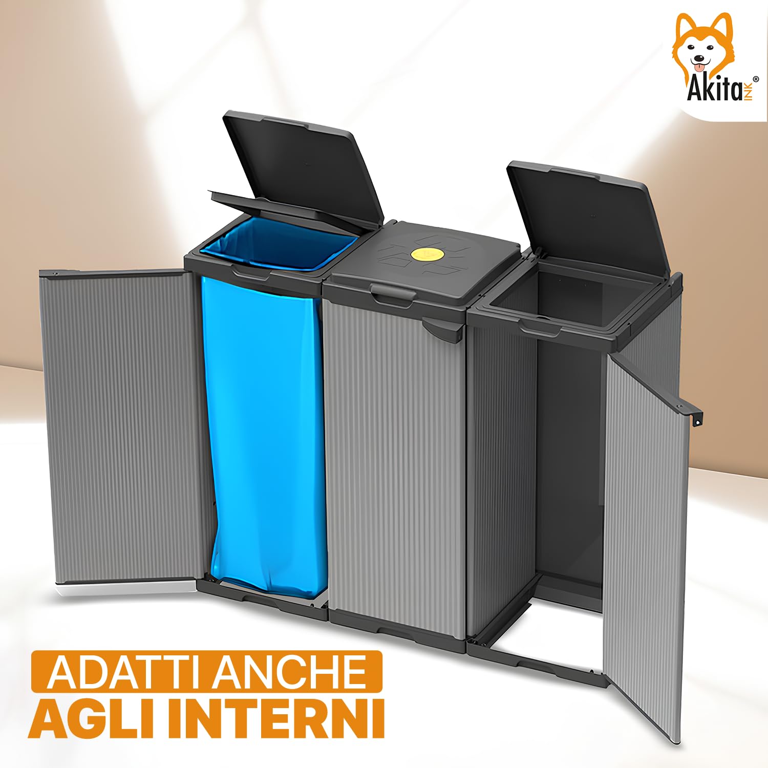 AKITAInk Pattumiera Sistema di Raccolta Differenziata Akitris – Set di 3 Contenitori con Scomparti Separati per Rifiuti, Capacità Totale 80-110 litri, Misure: 102x39,5x85 cm – Prodotto in Italia