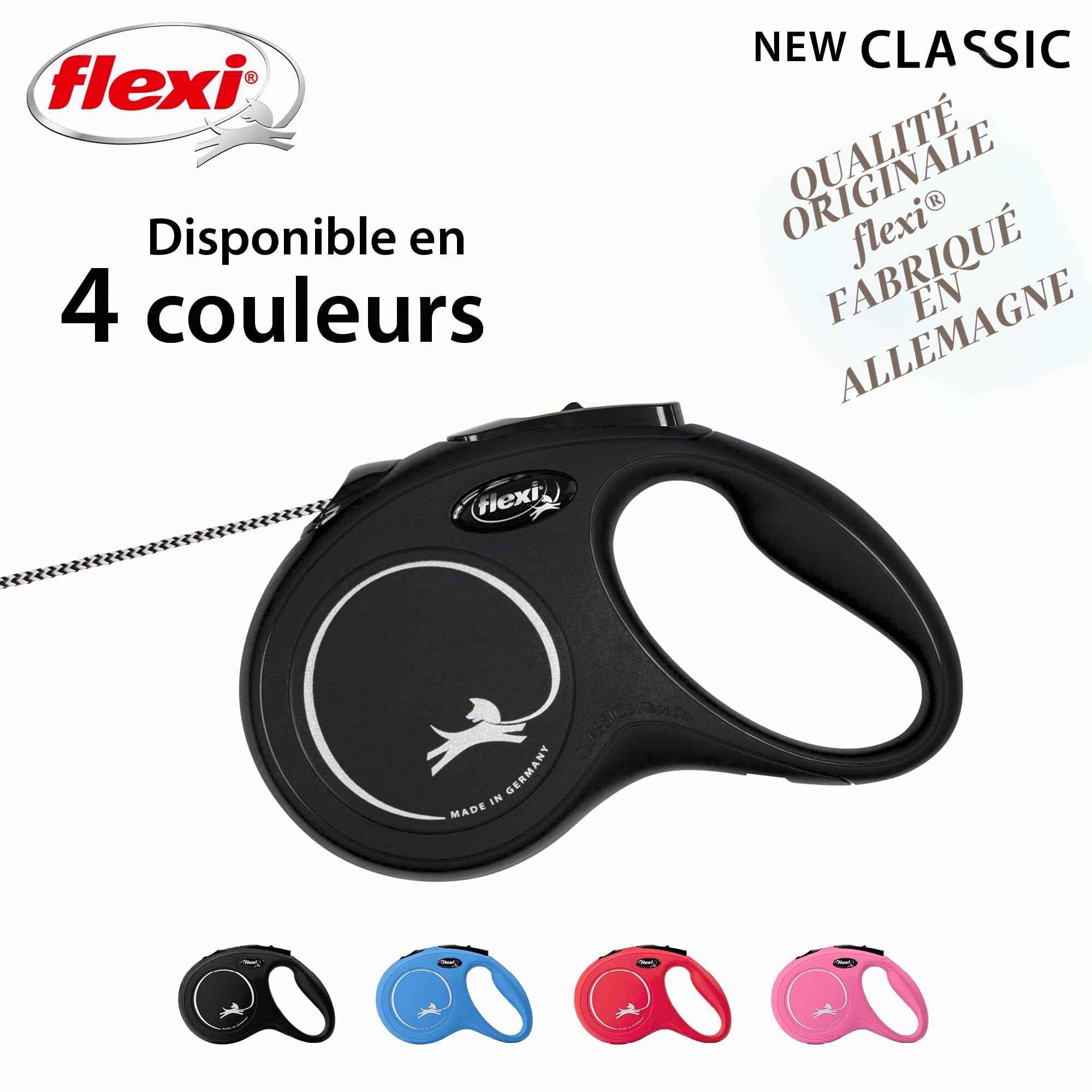 flexi® Classic S | Laisse rétractable à cordon de 8 m pour chiens jusqu'à 12 kg | Noir | laisse à enrouleur pour chien | Poids : 230 g | Dimensions : 10,3 x 16,8 cm