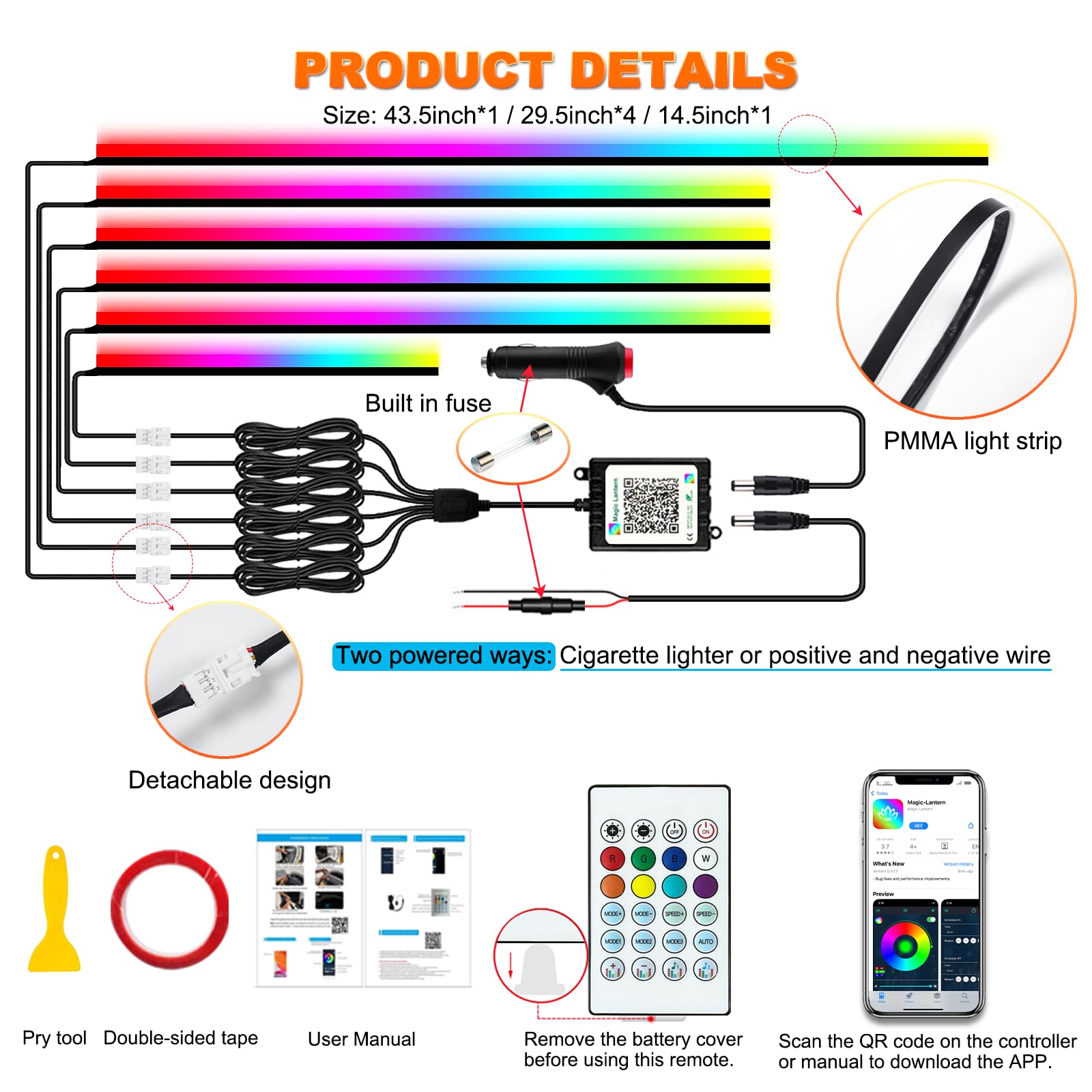 Interior Car LED Strip Lights, Acrylic LED Lights for Car with Dynamic Dreamcolor Chasing, Ambient Lighting Kits Music Sync Wireless APP and RF Remote Control (6 in 1)
