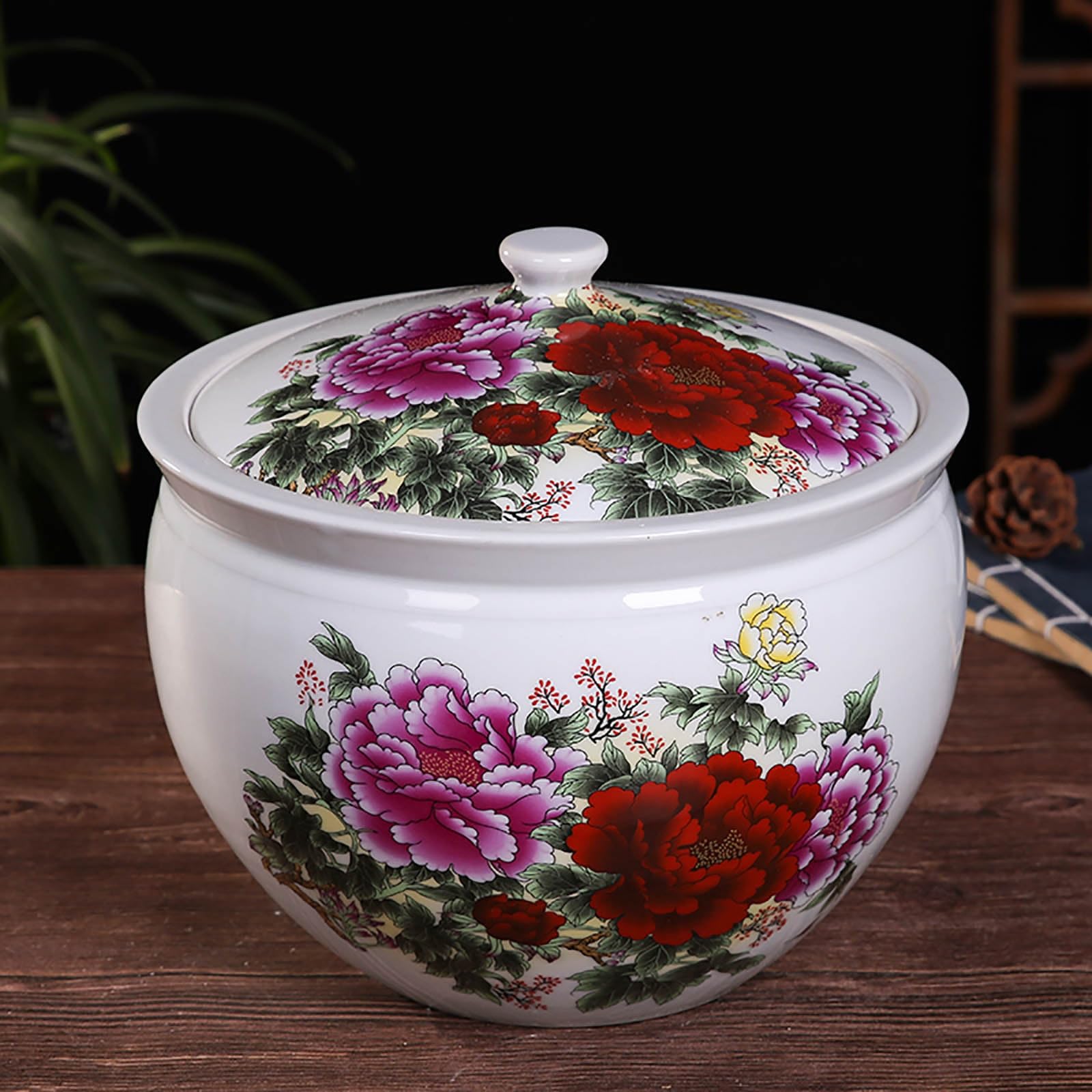 MESCXTY ﻿Ceramic Rice Container Bucket With Lid Dispenser 11lb 22lb Food Containers Jar Kitchen Airtight Canister for Coffee Nuts Snacks Tea Flour Oatmeal(Flower pattern,Capacity: