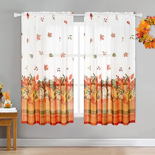 Cortinas traslúcidas de otoño de Acción de Gracias para sala de estar, hojas de arce, calabaza, girasol, cortinas de ventana con bolsillo para