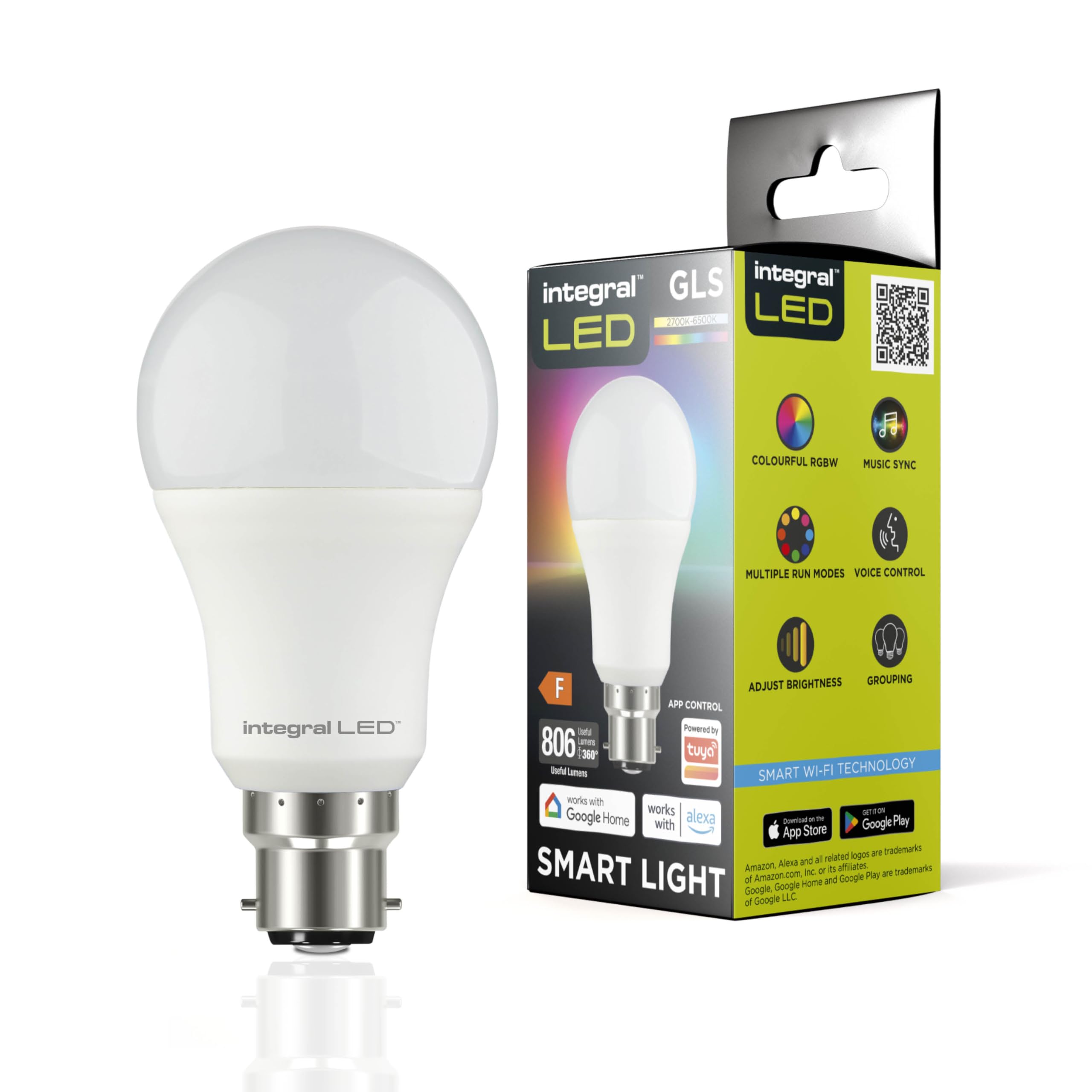 Integral LED smarte, dimmbare GLS-B22-WLAN-Glühbirne mit Farbwechsel | 8,5 W | 806 lm | Warm-, kalt- und tageslichtweiß anpassbar (2700-6500 K) | App-gesteuert, Alexa und Google Home | 4er-Pack