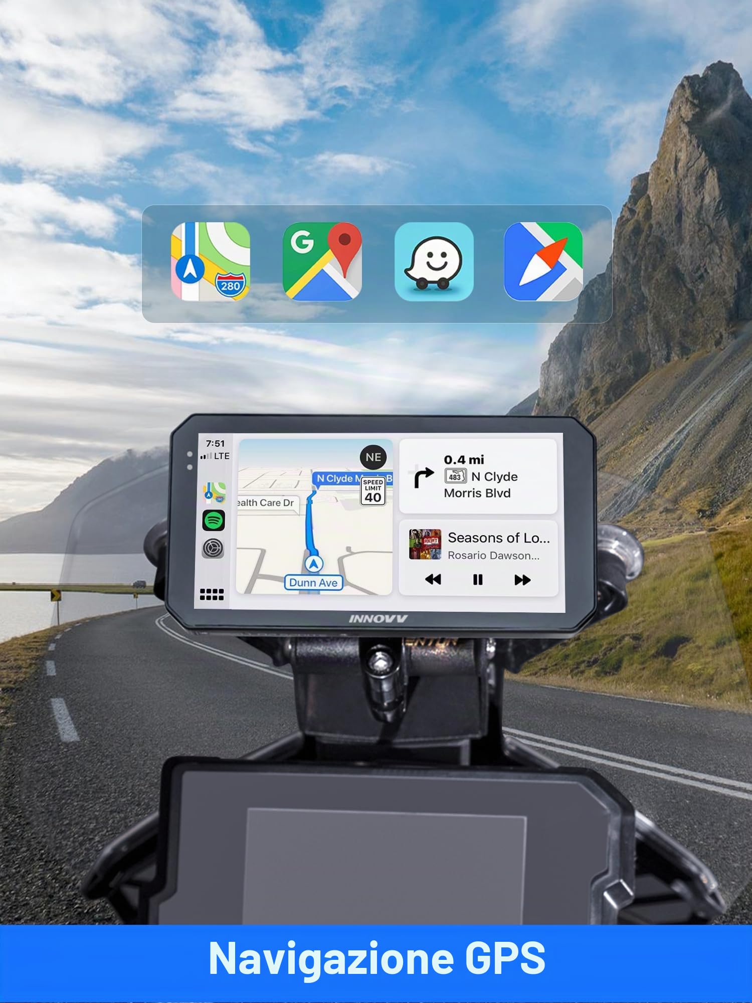 INNOVV N2 6 pollici Apple Carplay Schermo per Moto, Touch Screen Wireless Apple CarPlay & Android Sistema di Navigazione GPS Auto, 5G Wi-Fi, IP67 Impermeabile, Bluetooth, Modalità Parcheggio, Siri