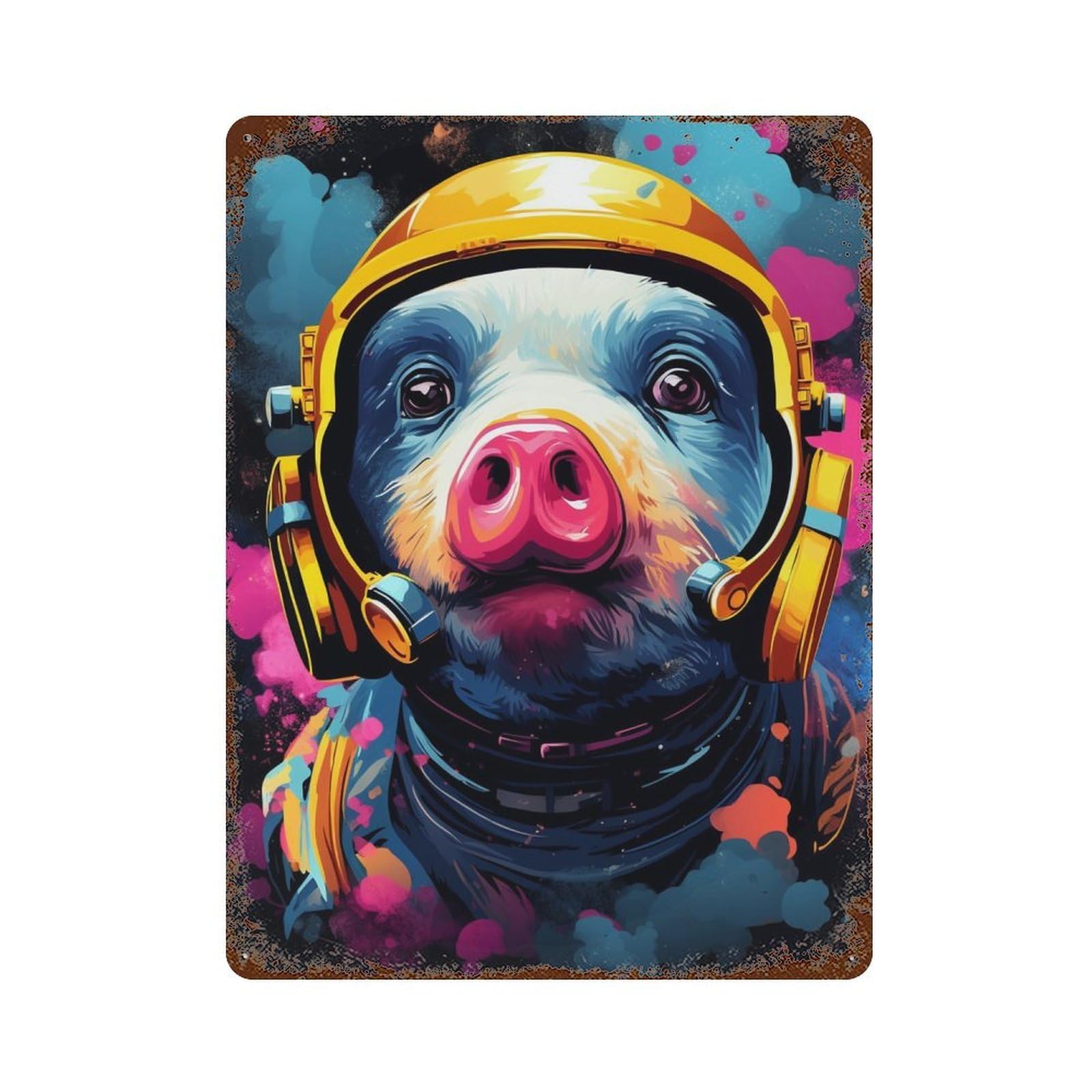 Weathered Tin Sign Pig Astronaut Space Helmet 15.7"x11.8", Rustic Home Decor for Bistro, Counter And Cafe Decor