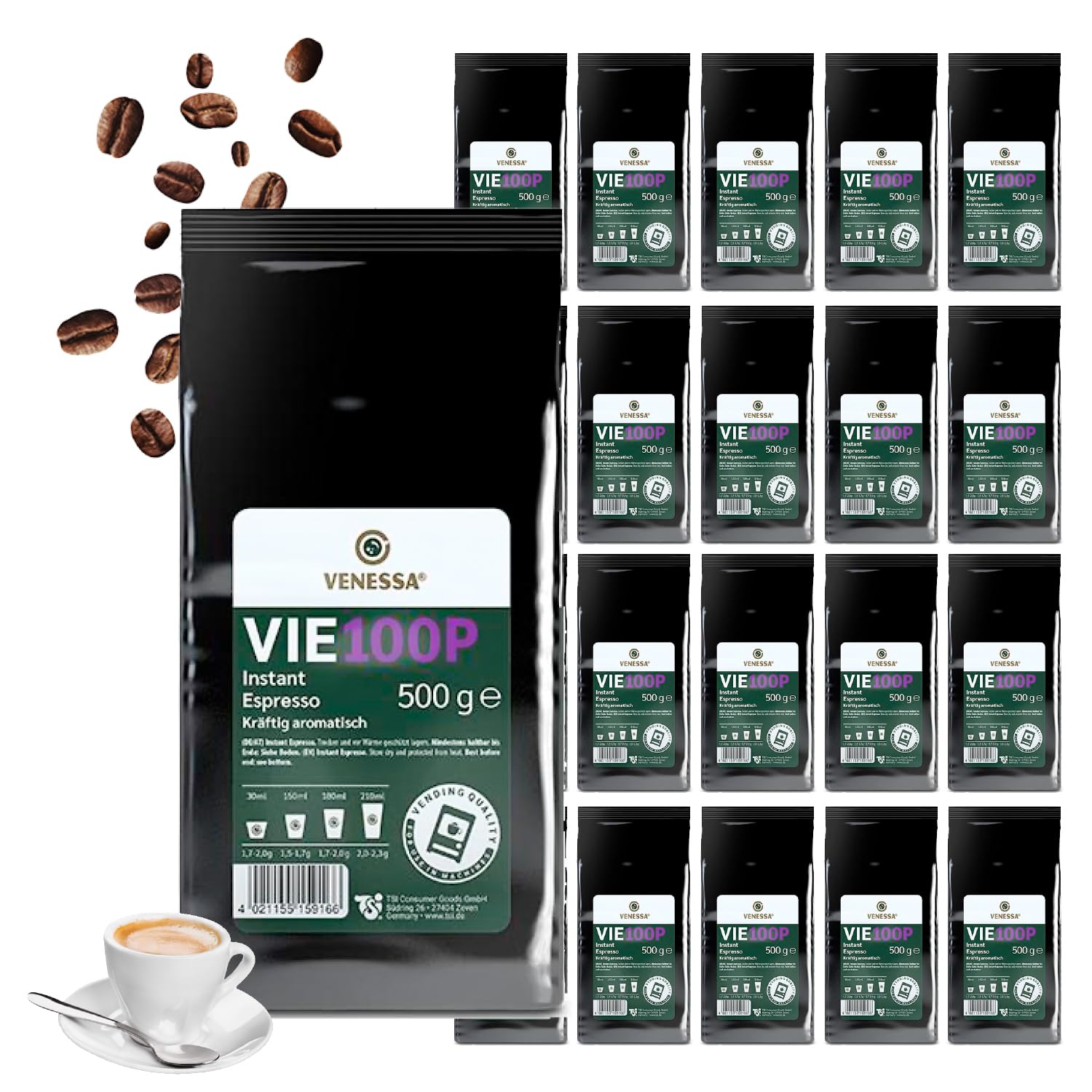 VENESSA VIE 100P Soluble Instant Expresso 20 x 500 g Paquete ahorro – abundante, fuerte y lleno de sabor, perfecto para cafeteras automáticas, oficinas, cafés y clientes B2B